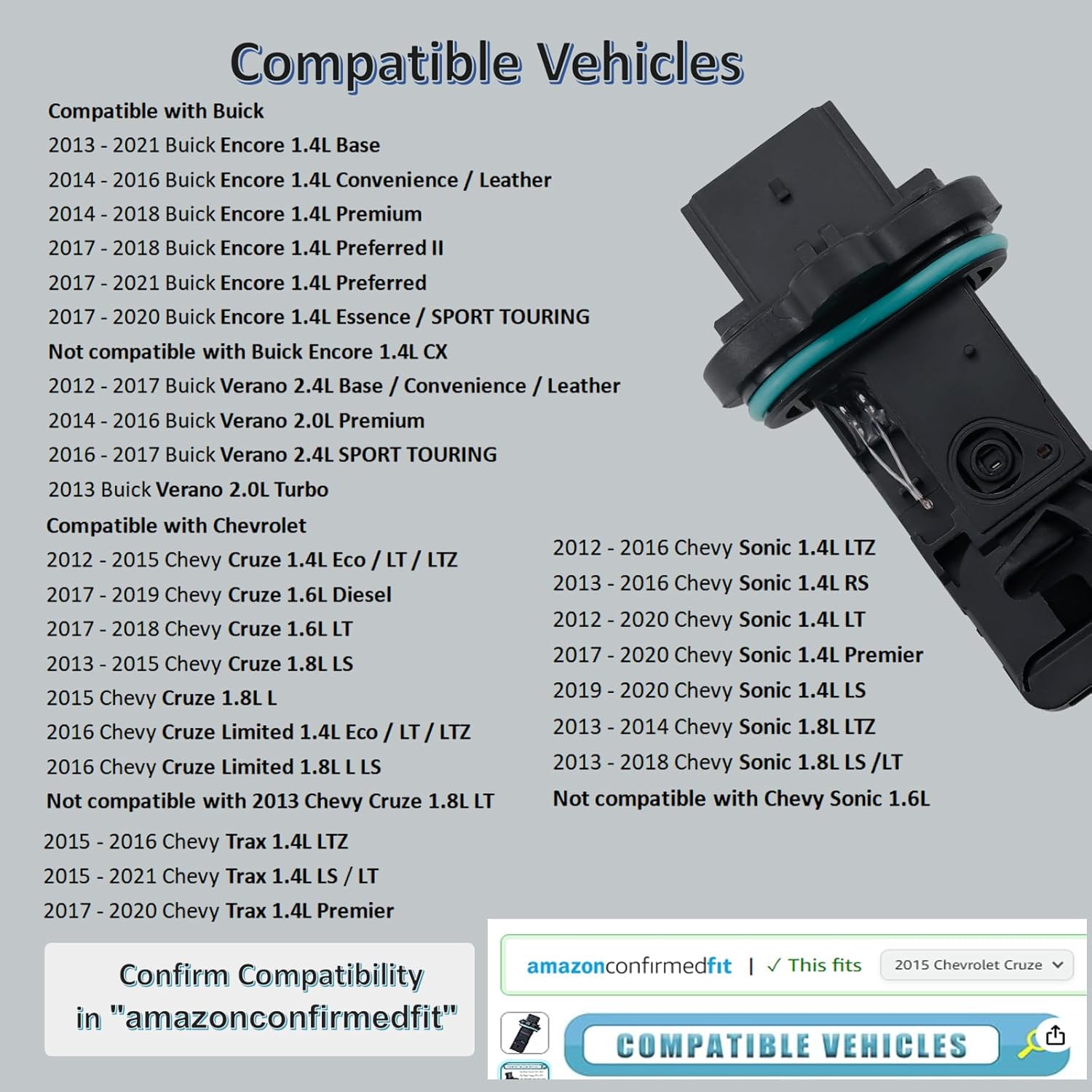 MANATEE Medidor de flujo de aire masivo, sensor de flujo de aire MAF compatible con Buick Encore Verano, para Chevy Caprice Trax Sonic Cruze