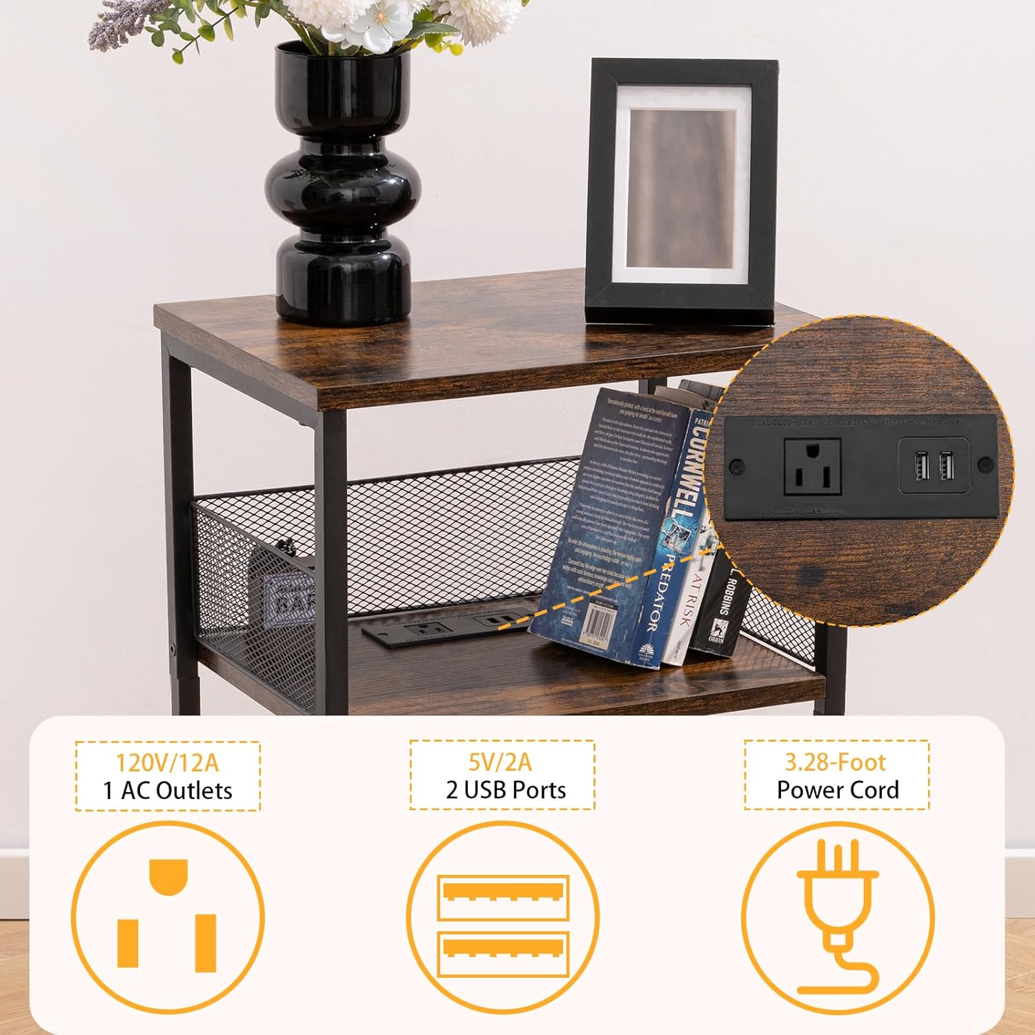 Mesa auxiliar con estación de carga, mesita de noche de 3 niveles con estante de almacenamiento, mesa auxiliar estrecha con puertos USB y tomas de