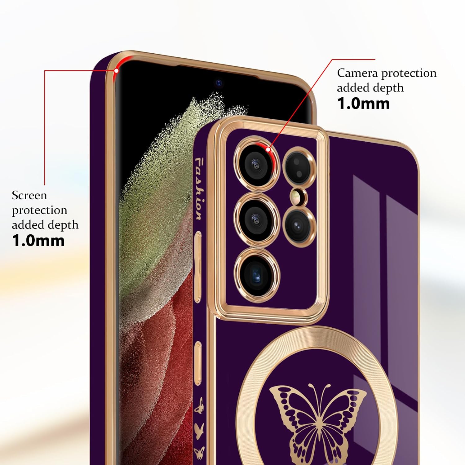 Funda magnética para Samsung Galaxy S21 Ultra 5G, bonita funda con borde chapado en mariposa con MagSafe para mujeres, niñas y hombres, funda