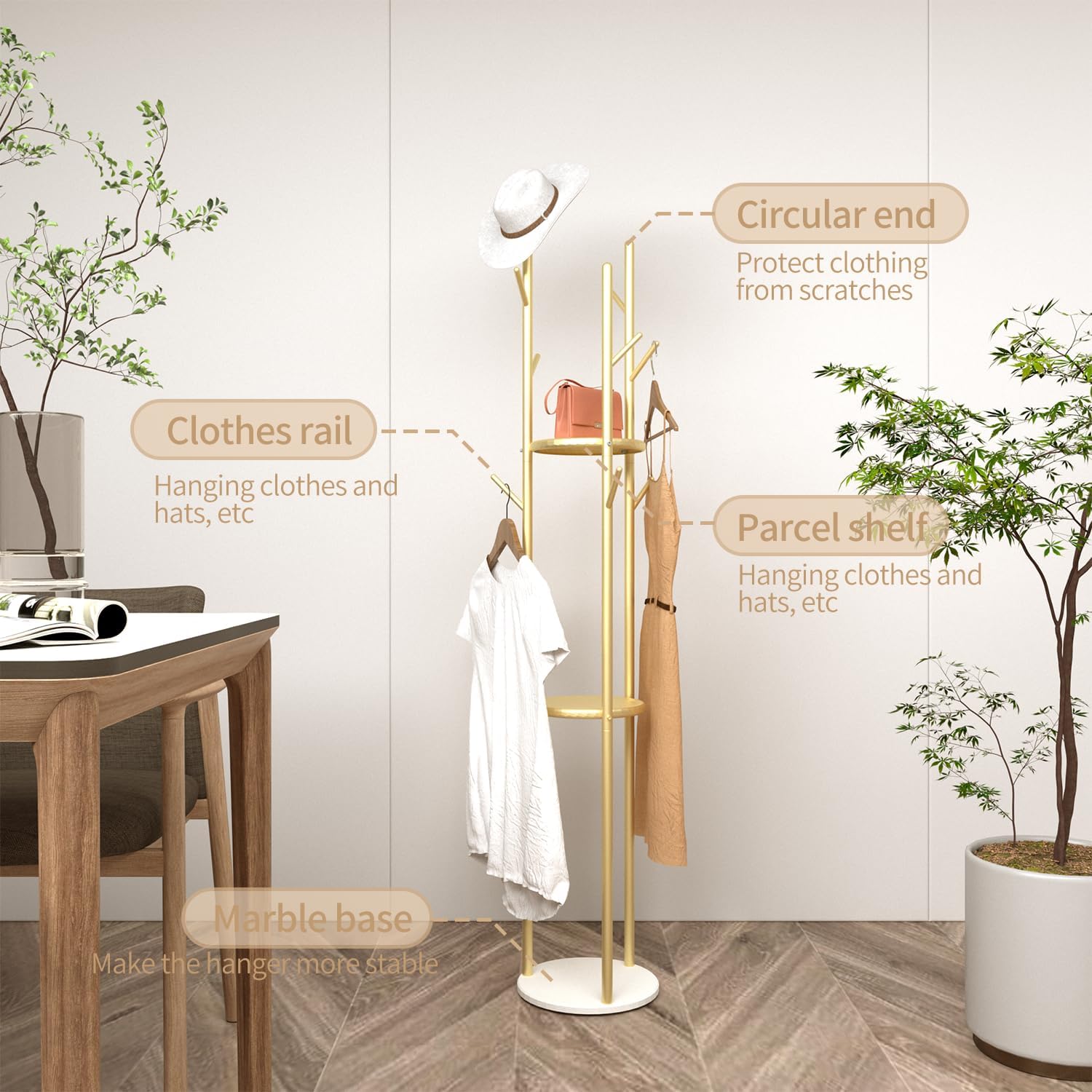 Moderno perchero y ropa  9 ganchos y 3 estantes  resistente y elegante, soporta hasta 220 libras, ahorra espacio y es duradero con diseño elegante