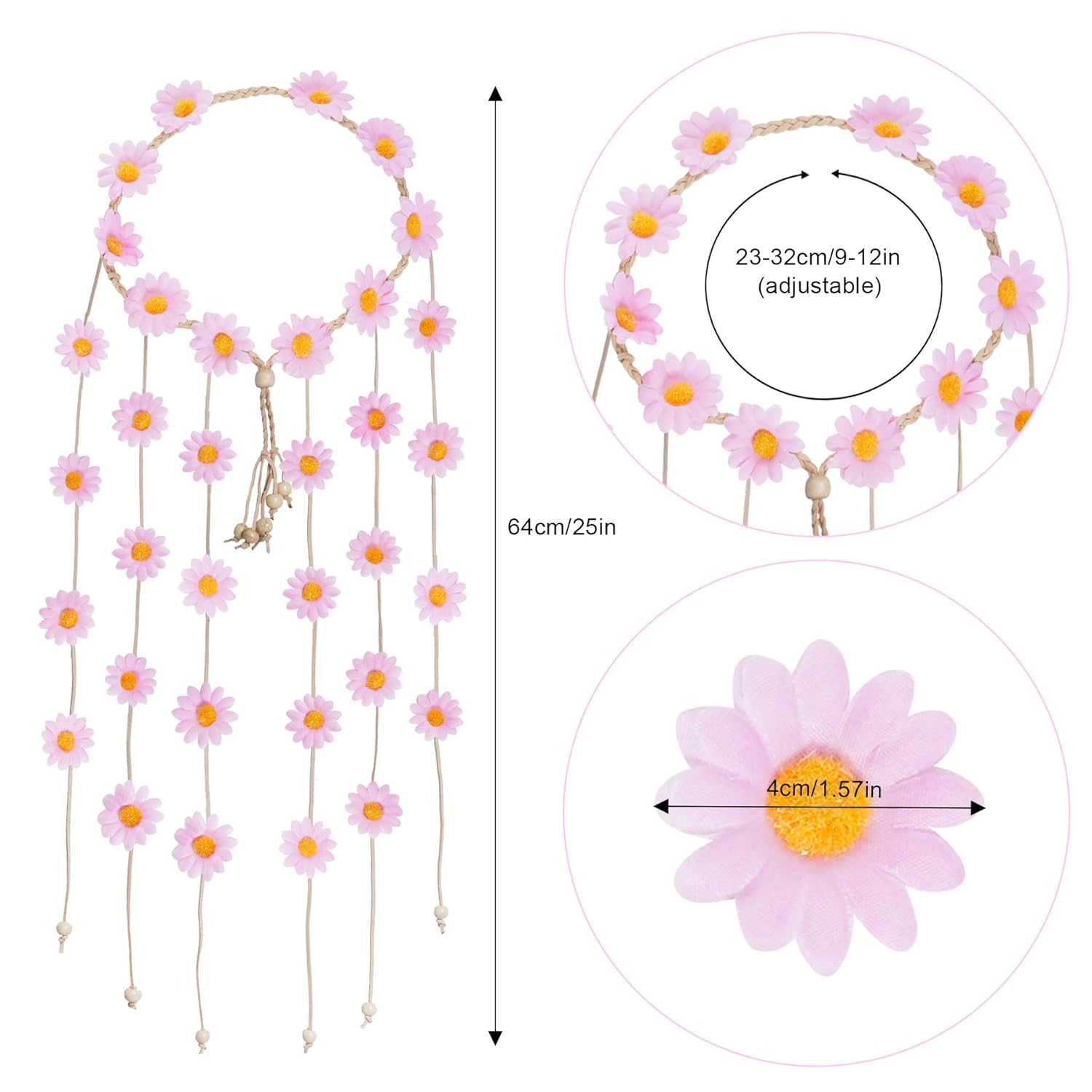 1 diadema de flores hippie corona floral verano girasol accesorios para el cabello para disfraces bohemios de los años 70 (rosa)