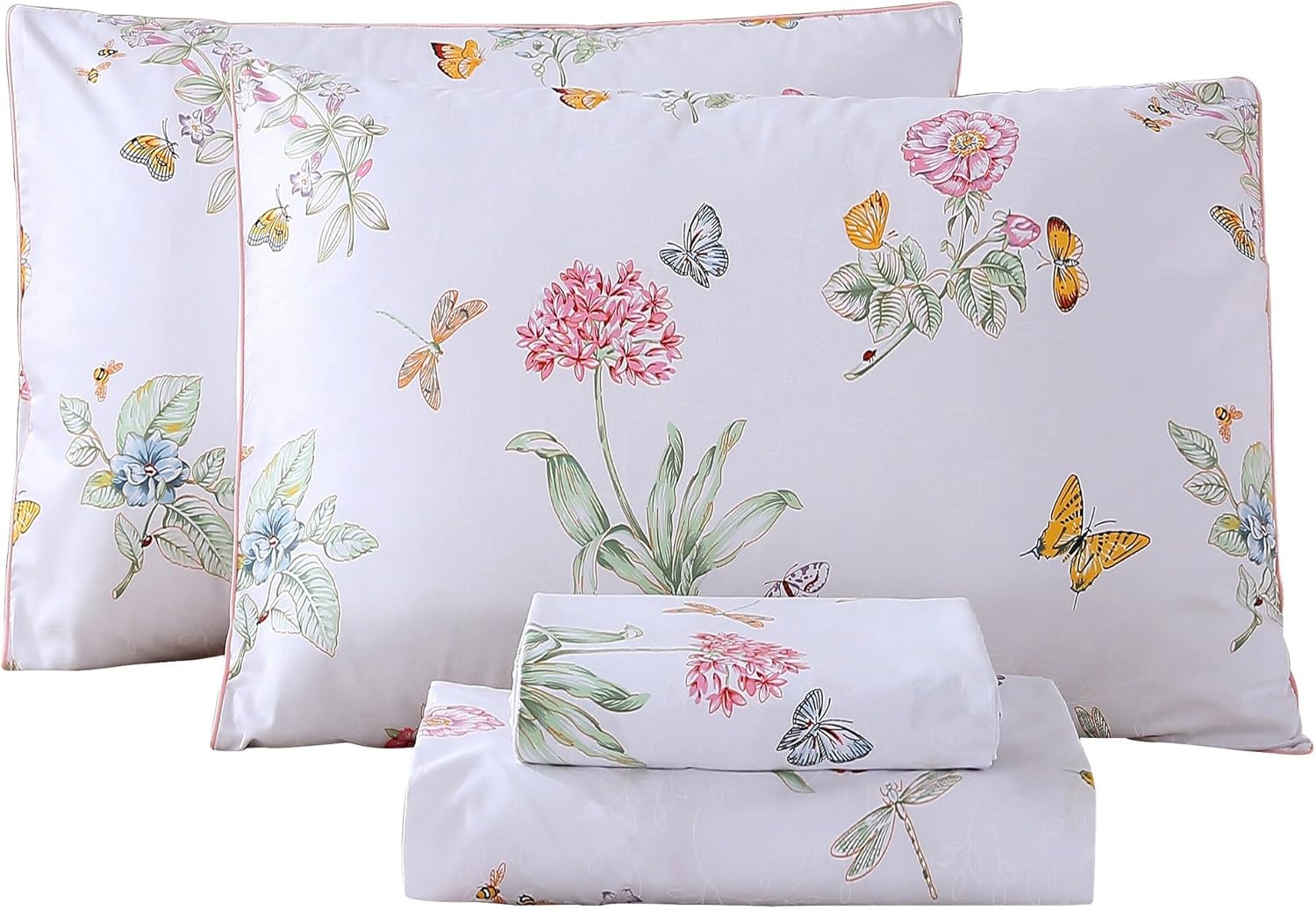 RYNGHIPY Juego de sábanas de algodón egipcio, tamaño King, diseño de flores botánicas de jardín, mariposas, con fundas de almohada, ultra suaves y
