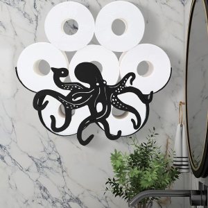 Estante para papel higiénico de pulpo, organizador y almacenamiento de papel higiénico decorativo negro mate para 8 rollos adicionales, divertidos Estante para papel higiénico de pulpo, organizador y almacenamiento de papel higiénico decorativo negro mate para 8 rollos adicionales, divertidos