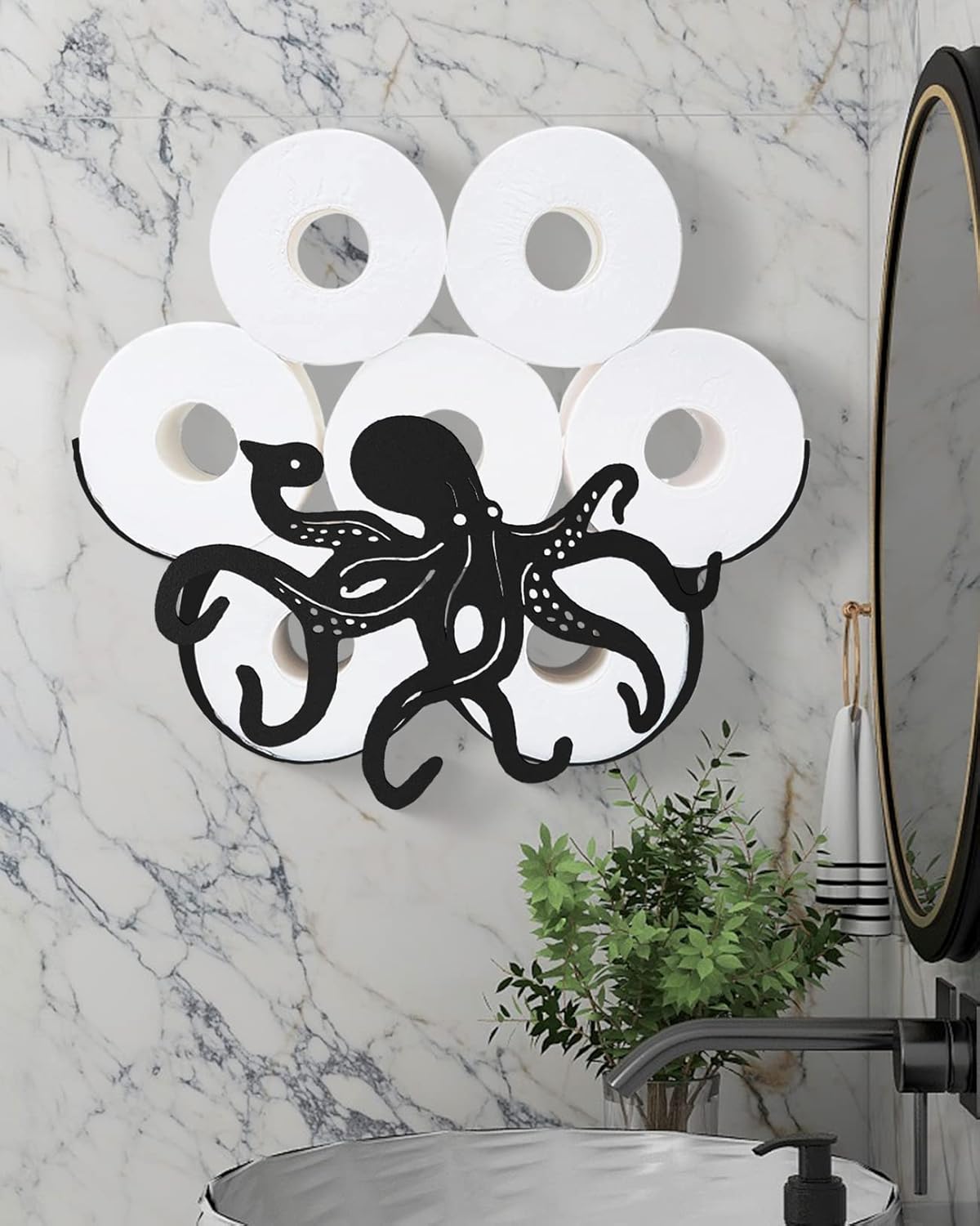 Estante para papel higiénico de pulpo, organizador y almacenamiento de papel higiénico decorativo negro mate para 8 rollos adicionales, divertidos