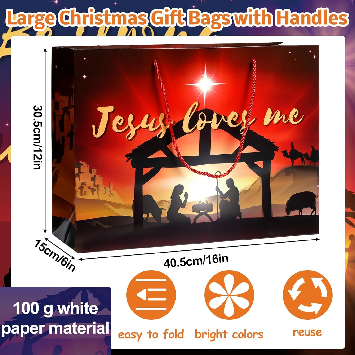 Abbylike 12 bolsas de regalo de Navidad, bolsas de papel religiosas con asa de 16 x 12 x 6 pulgadas, bolsas de papel de Navidad extra grandes para