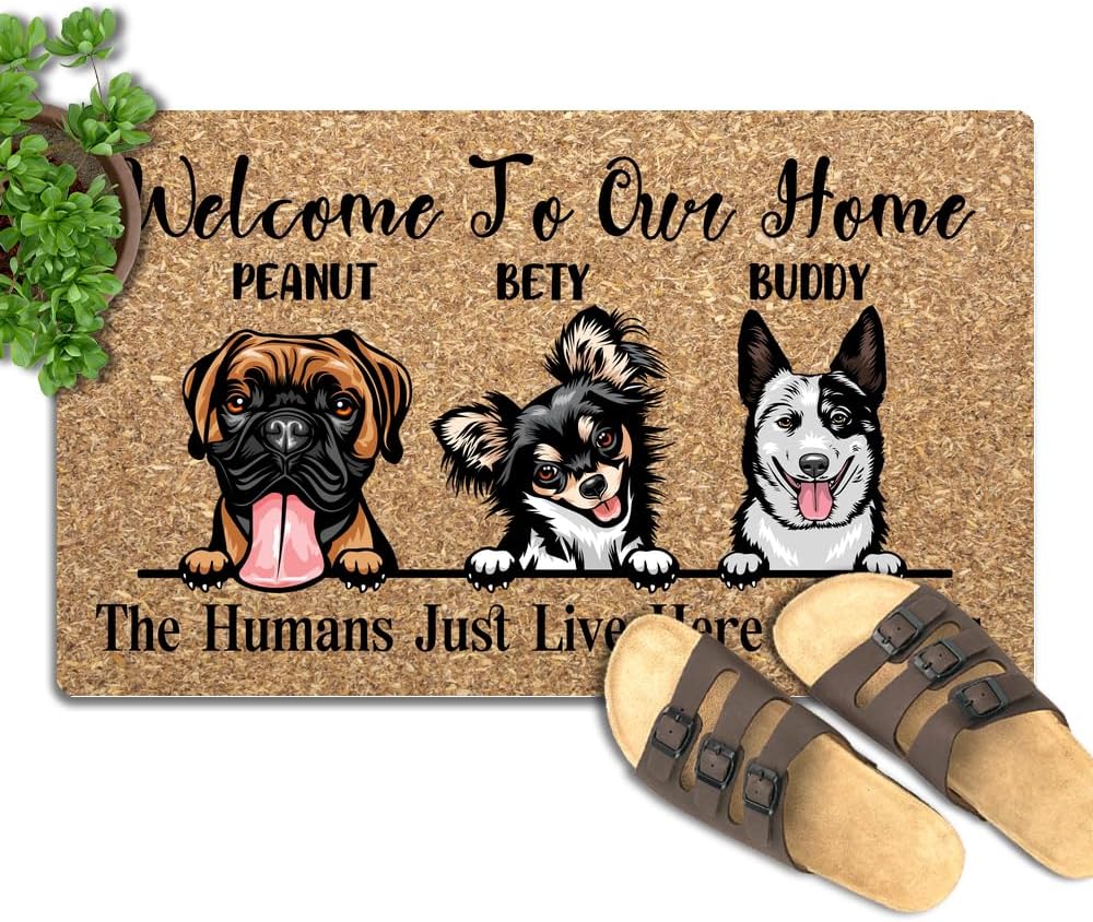 Tapete para puerta de 30 x 18 pulgadas, con nombre del perro, bienvenido a nuestro hogar, tapete personalizado personalizado de bajo perfil para