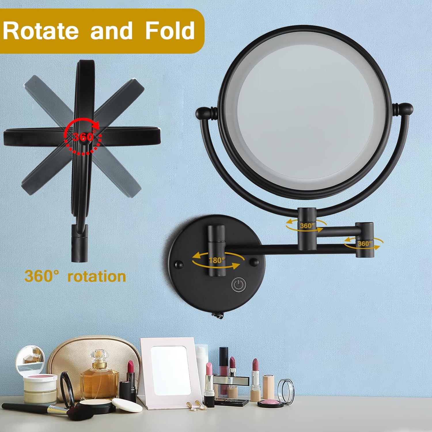 Espejo de maquillaje de 8 pulgadas con luces y aumento, espejo de aumento 1X10X con luz, rotación de 360 de doble cara, espejo de tocador de