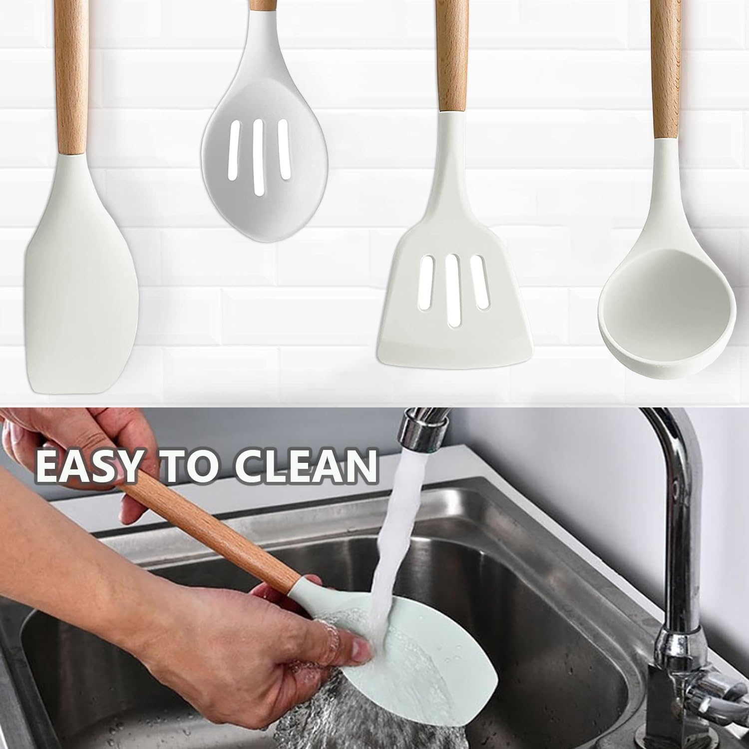 IOCBYHZ Juego de 5 utensilios de cocina de silicona, juego de utensilios de cocina con mango de madera resistente al calor, antiadherente, espátula
