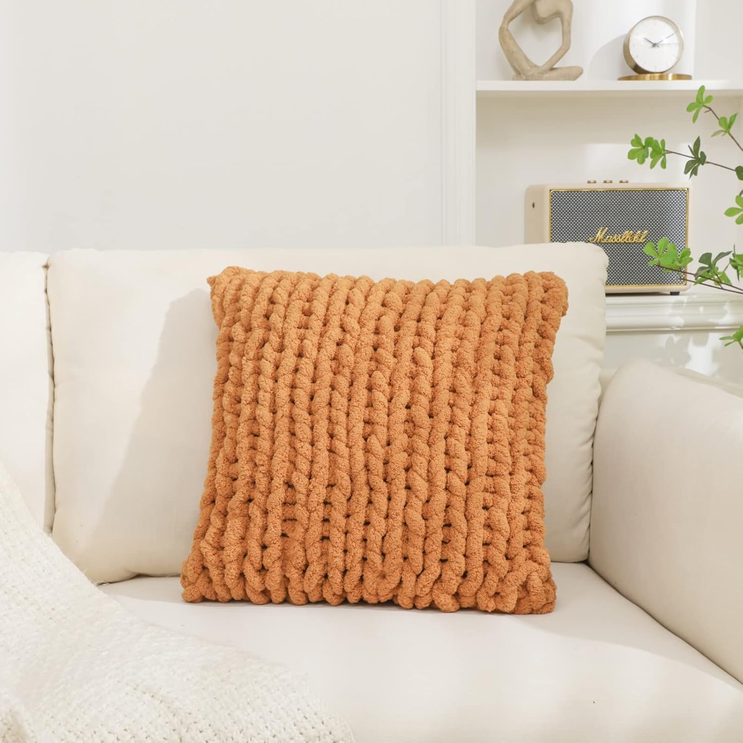 Fundas de almohada de punto grueso naranja quemado, 1 unidad, 18 x 18 pulgadas, cuadradas, estilo de lujo, fundas de almohada de ganchillo, fundas