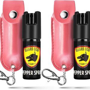 Guard Dog Security, llavero con aerosol de gas pimienta, fórmula no letal 2 en 1, 12 onza, con funda de piel, color a elección Guard Dog Security, llavero con aerosol de gas pimienta, fórmula no letal 2 en 1, 12 onza, con funda de piel, color a elección