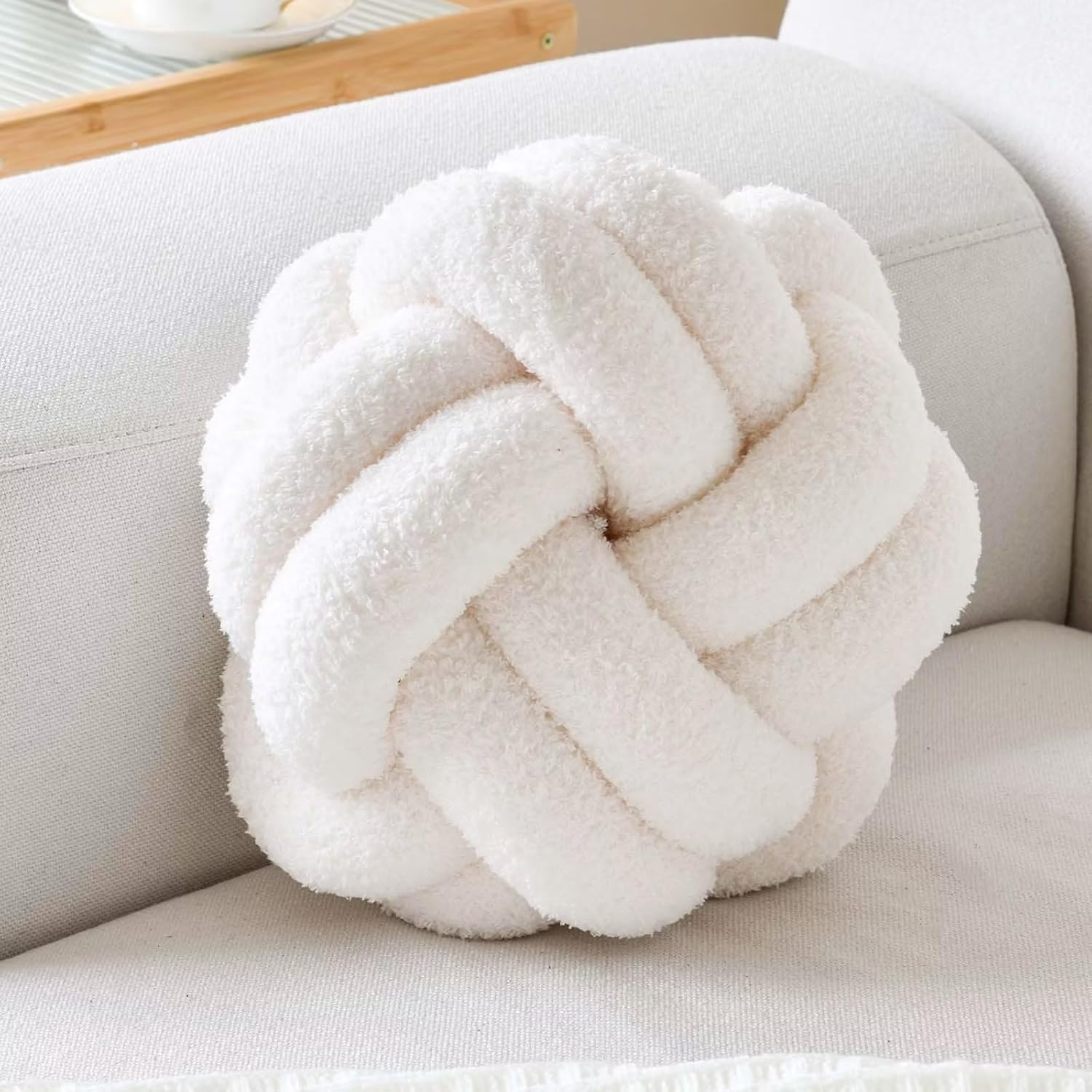 Almohadas decorativas de color marfil de 8 pulgadas, almohadas pequeñas y redondas de felpa anudadas, lindas almohadas de nudo hechas a mano para