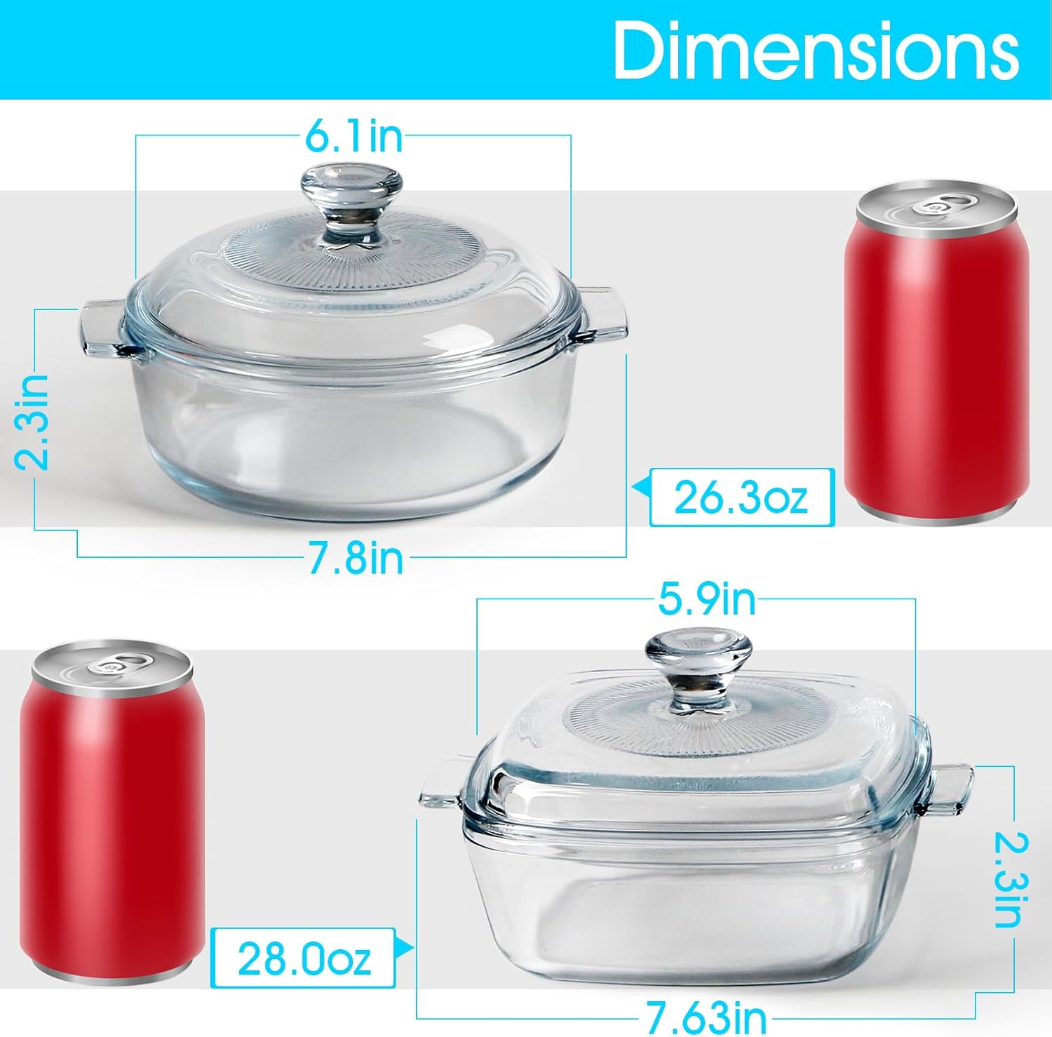 NUTRIUPS Juego de 2 cacerolas de vidrio con tapa, apto para horno, juego de 2 unidades (cuadrado de 5.9 pulgadas + 6 pulgadas redonda), cuenco de