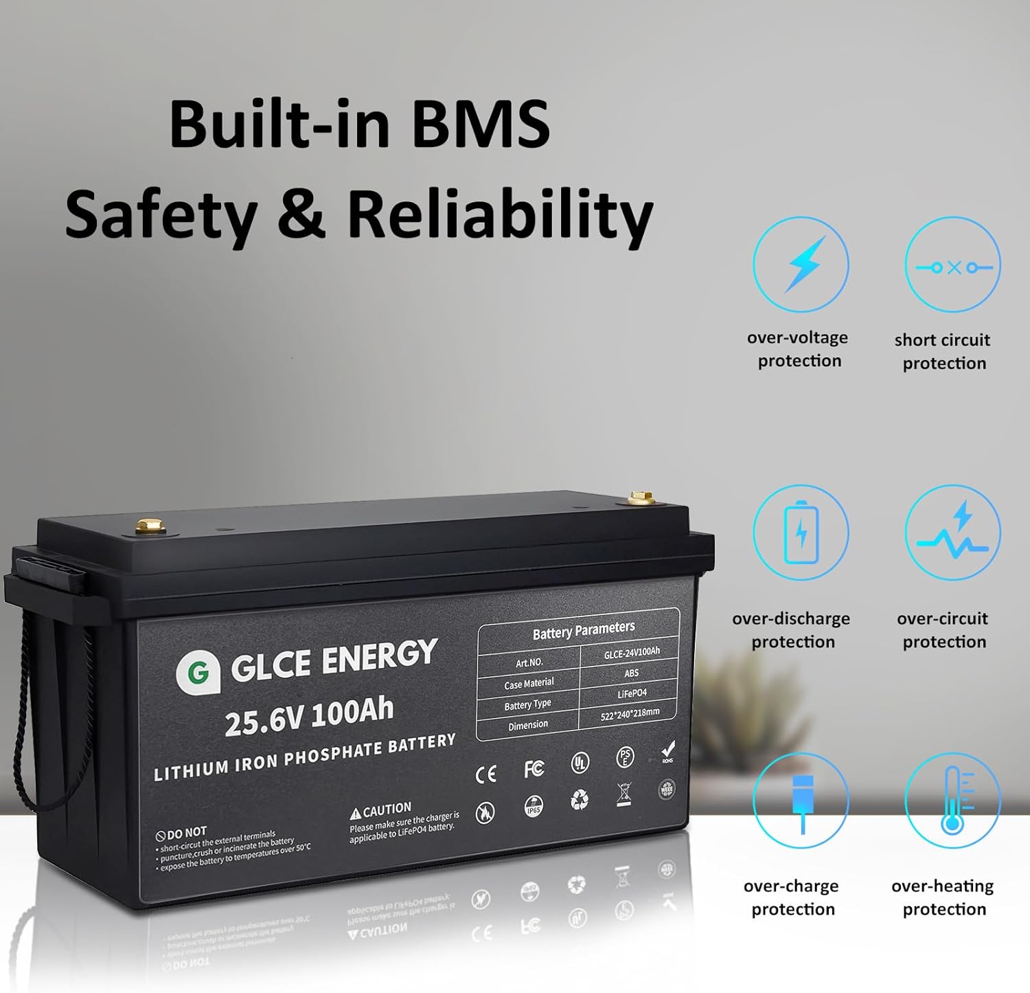 GLCE ENERGY Batería de litio LiFePO4 de 24 V 100 Ah, BMS de 100 A, vida útil de 10 años con batería recargable de más de 10000 ciclos profundos para