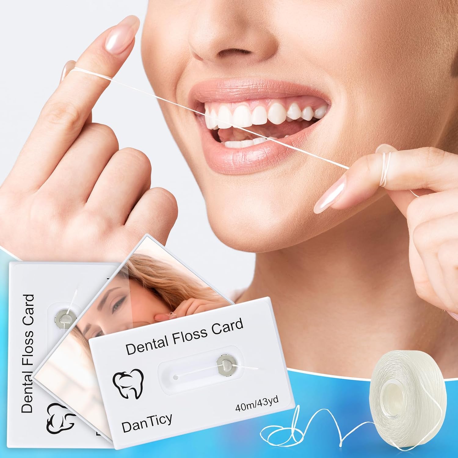 Hilo dental de limpieza profunda encerado en una tarjeta de crédito con espejo, perfecto para personas con espacios estrechos y pequeños entre los
