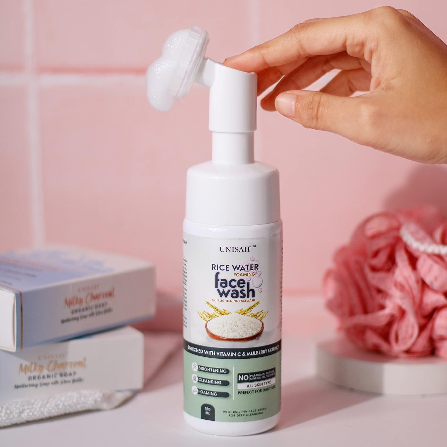 Unisaif Lavado facial de agua de arroz – Limpiador espumoso brillante de agua de arroz para mujeres y hombres  Espuma  Iluminador  Lavado facial