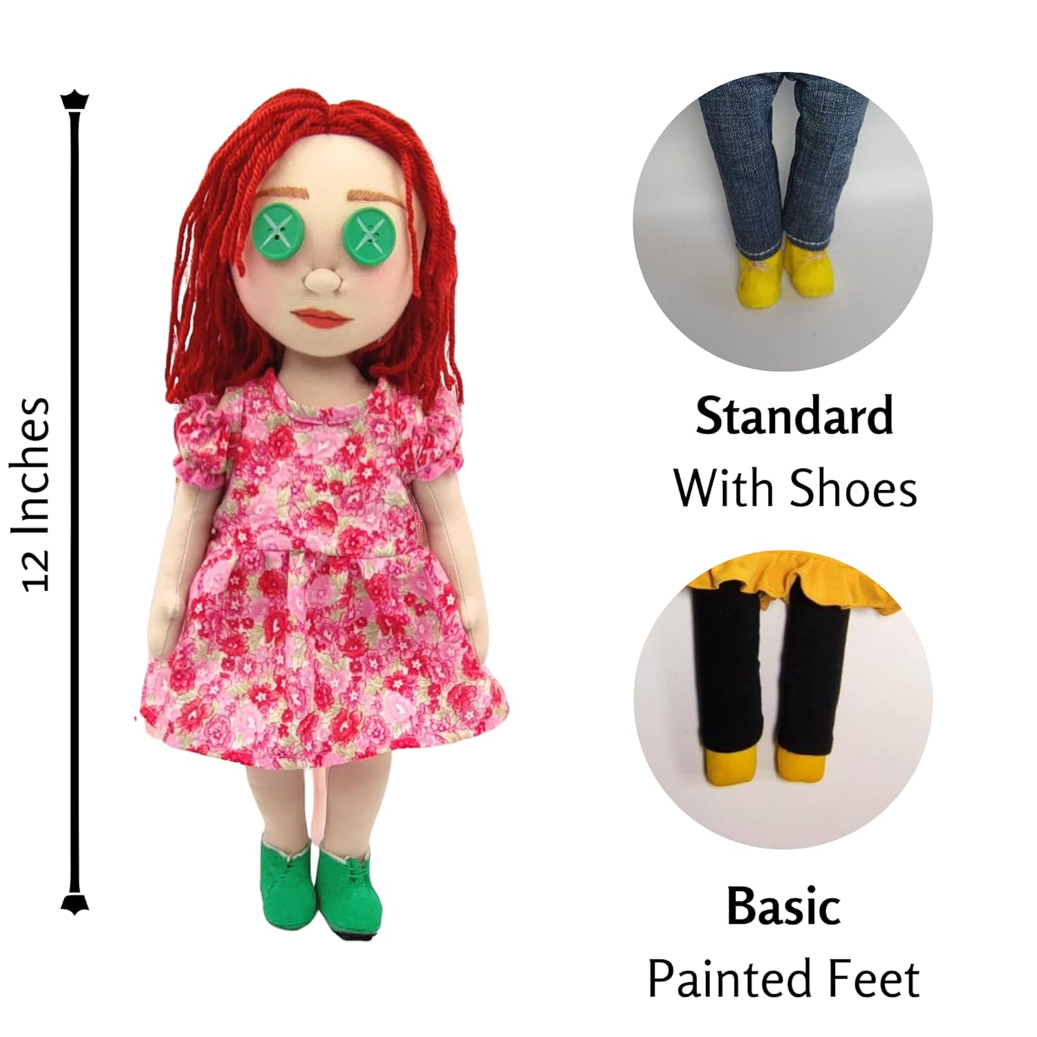 Personalized Ragdoll with Button Eyes, Custom Gift 12’in Stuffed Doll made of Cotton and Linen (Regular, Painted Feet, Brown)