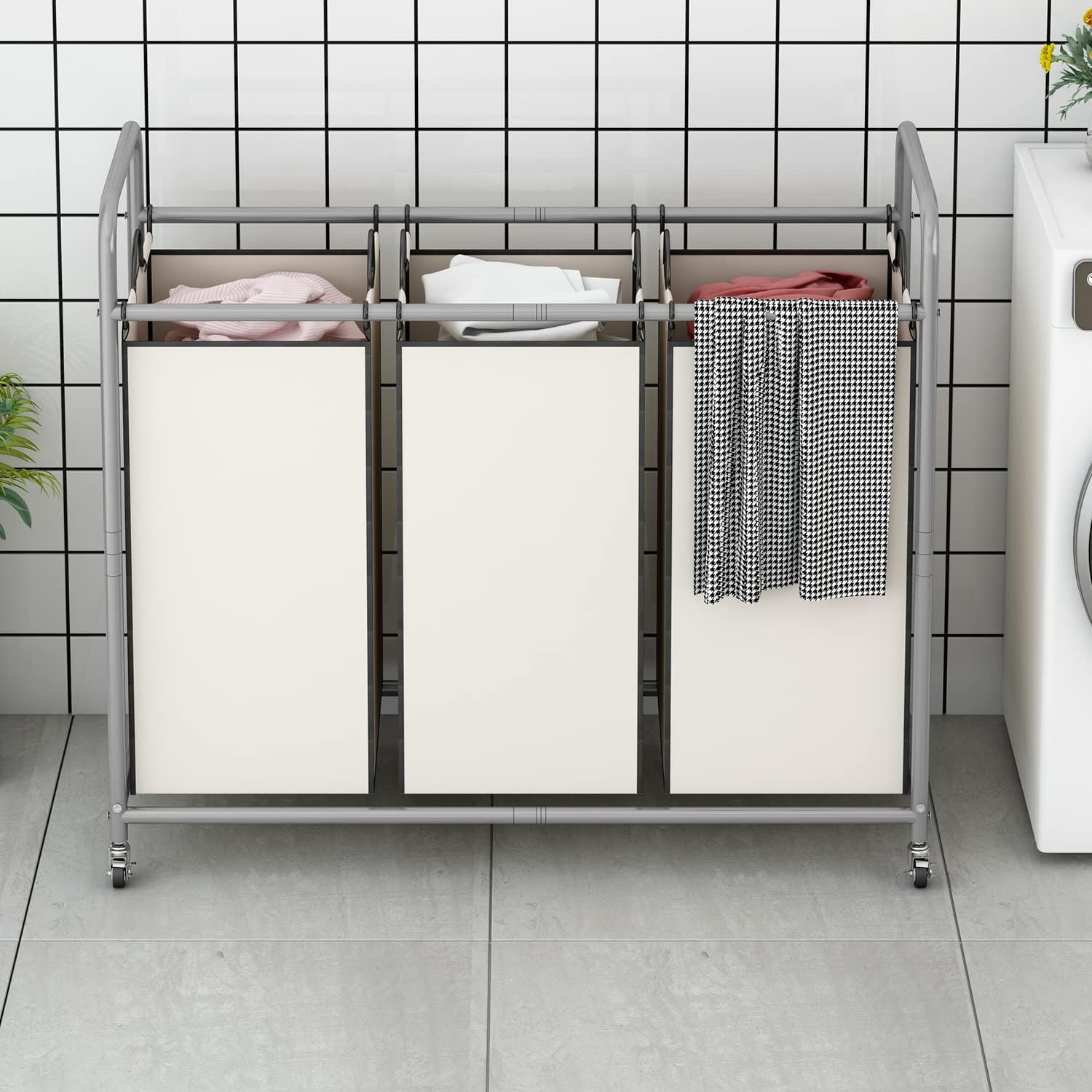 LINZINAR Clasificador de ropa sucia de 3 bolsas, carrito de lavandería con ruedas enrollables resistentes y bolsas extraíbles (beige)