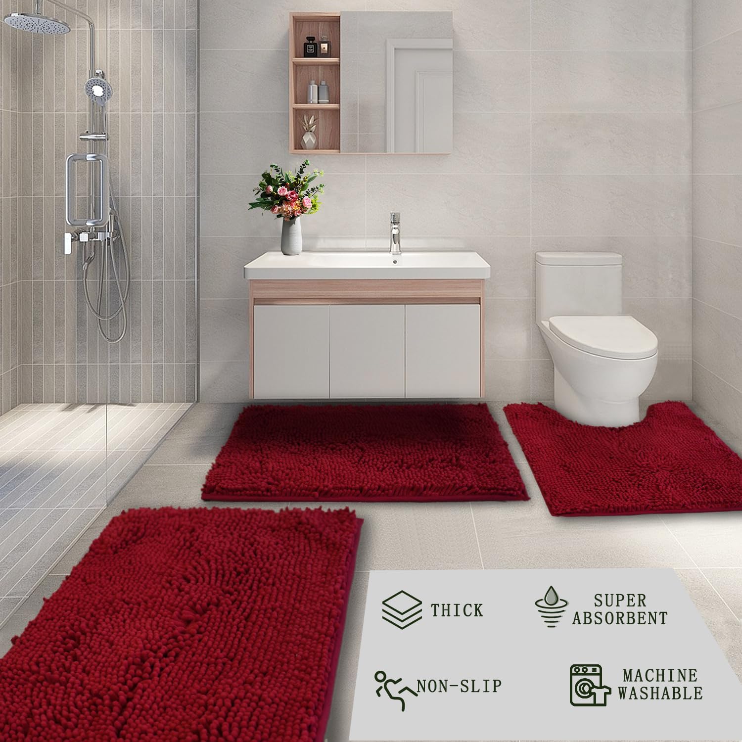 wyewye Juego de alfombras de baño ultrasuaves de 3 piezas, súper absorbentes y gruesas, antideslizantes, lavables a máquina, tapetes de baño para
