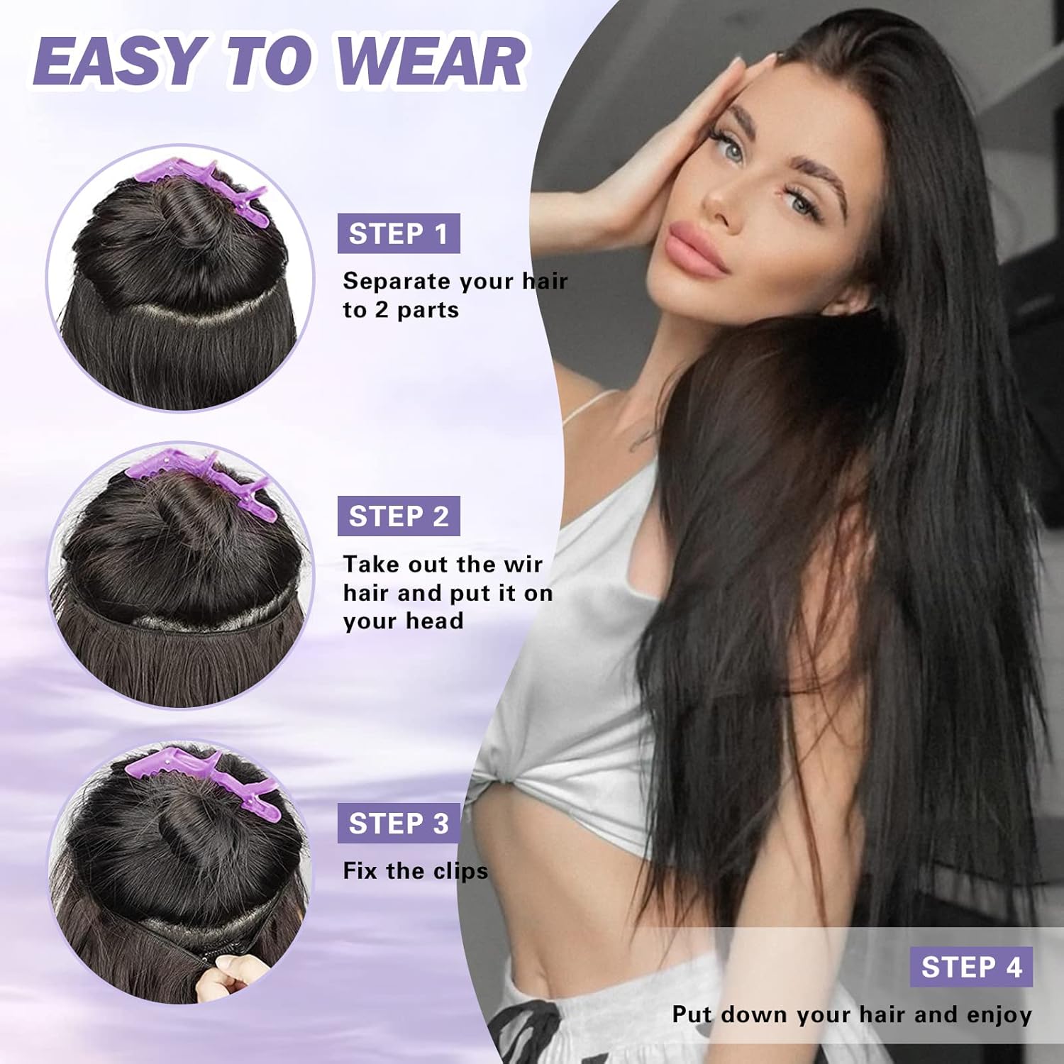 Extensiones de cabello humano real con halo de alambre invisible con alambre transparente, tamaño ajustable, clips de seguridad extraíbles en la