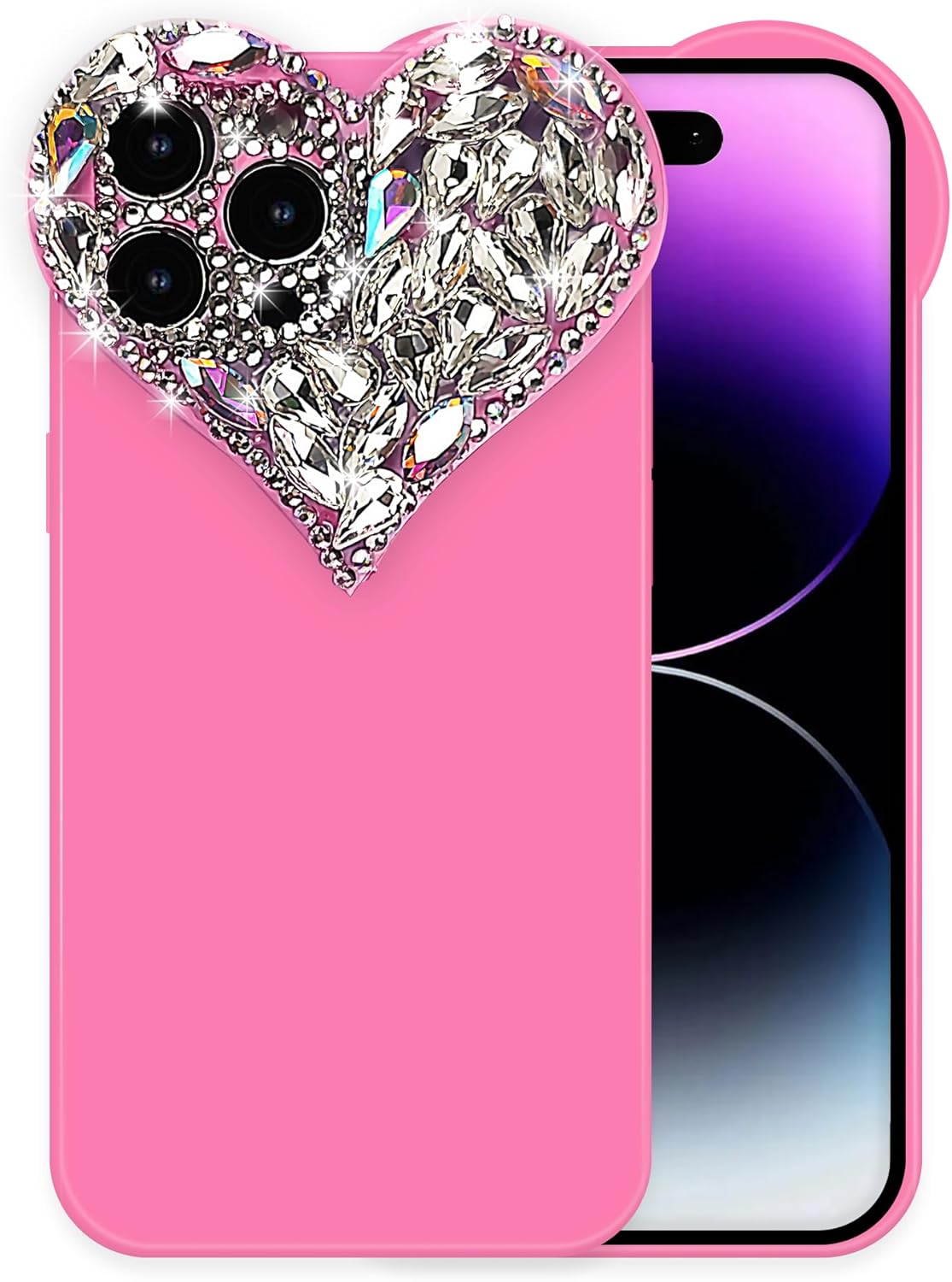 Bonita funda con purpurina 3D para iPhone 14 Plus, funda brillante con gemas de corazón estéticas, bonita funda de poliuretano termoplástico suave
