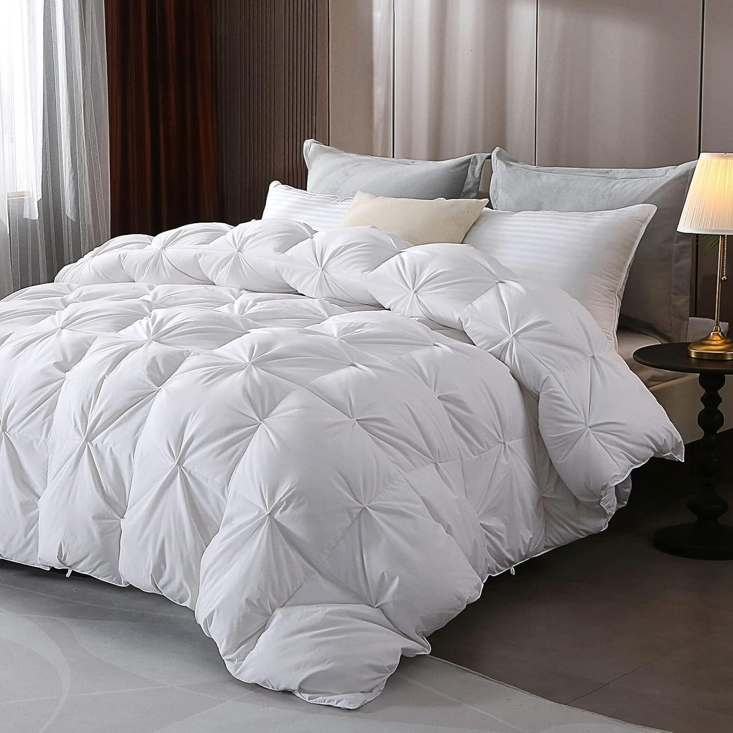 DWR Edredón de plumas plisadas tamaño Queen  Matrimonial, funda de mezcla de algodón ultrasuave, relleno de edredón esponjoso de lujo con 8 pestañas