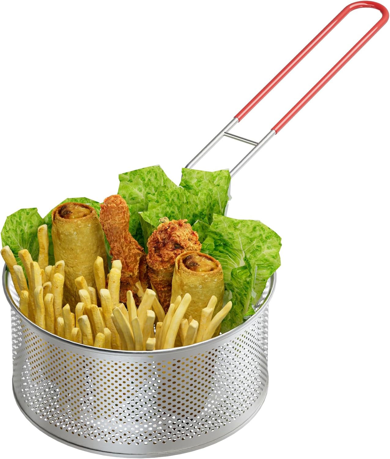 Cesta redonda para freidora de 7.87 x 4 pulgadas, cestas redondas de acero inoxidable con asa y gancho de descanso para papas fritas, anillos de