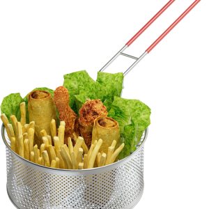 Cesta redonda para freidora de 7.87 x 4 pulgadas, cestas redondas de acero inoxidable con asa y gancho de descanso para papas fritas, anillos de Cesta redonda para freidora de 7.87 x 4 pulgadas, cestas redondas de acero inoxidable con asa y gancho de descanso para papas fritas, anillos de