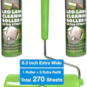 Leo Rodillo de pelusa de 6.3 pulgadas de ancho, superficie súper pegajosa. Ideal para pelo de mascotas. Incluye mango de 8 pulgadas, 1 rollo (90 Leo Rodillo de pelusa de 6.3 pulgadas de ancho, superficie súper pegajosa. Ideal para pelo de mascotas. Incluye mango de 8 pulgadas, 1 rollo (90