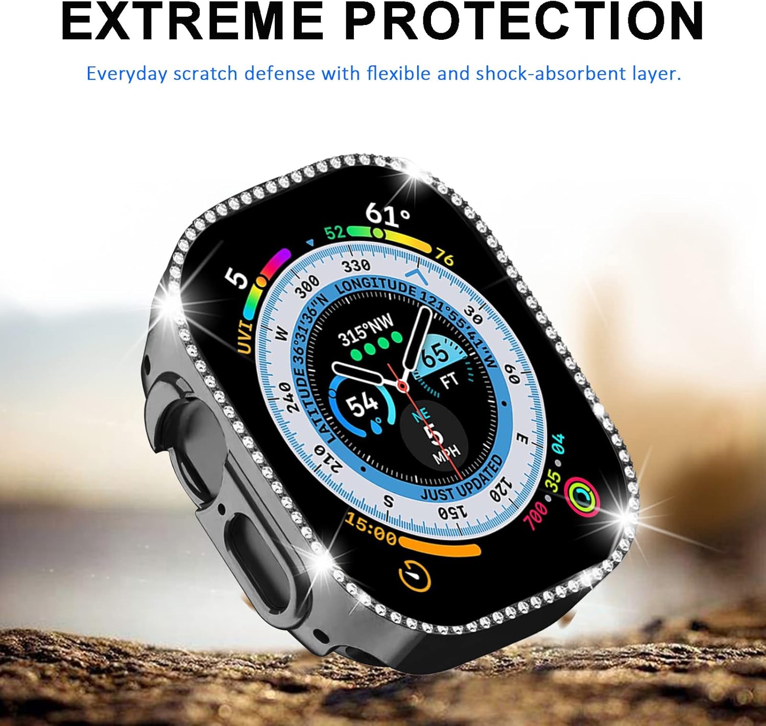 Miimall Funda compatible con Apple Watch UltraUltra 2 de 1.732 pulgadas, con cristales brillantes chapados en diamantes a prueba de golpes, marco