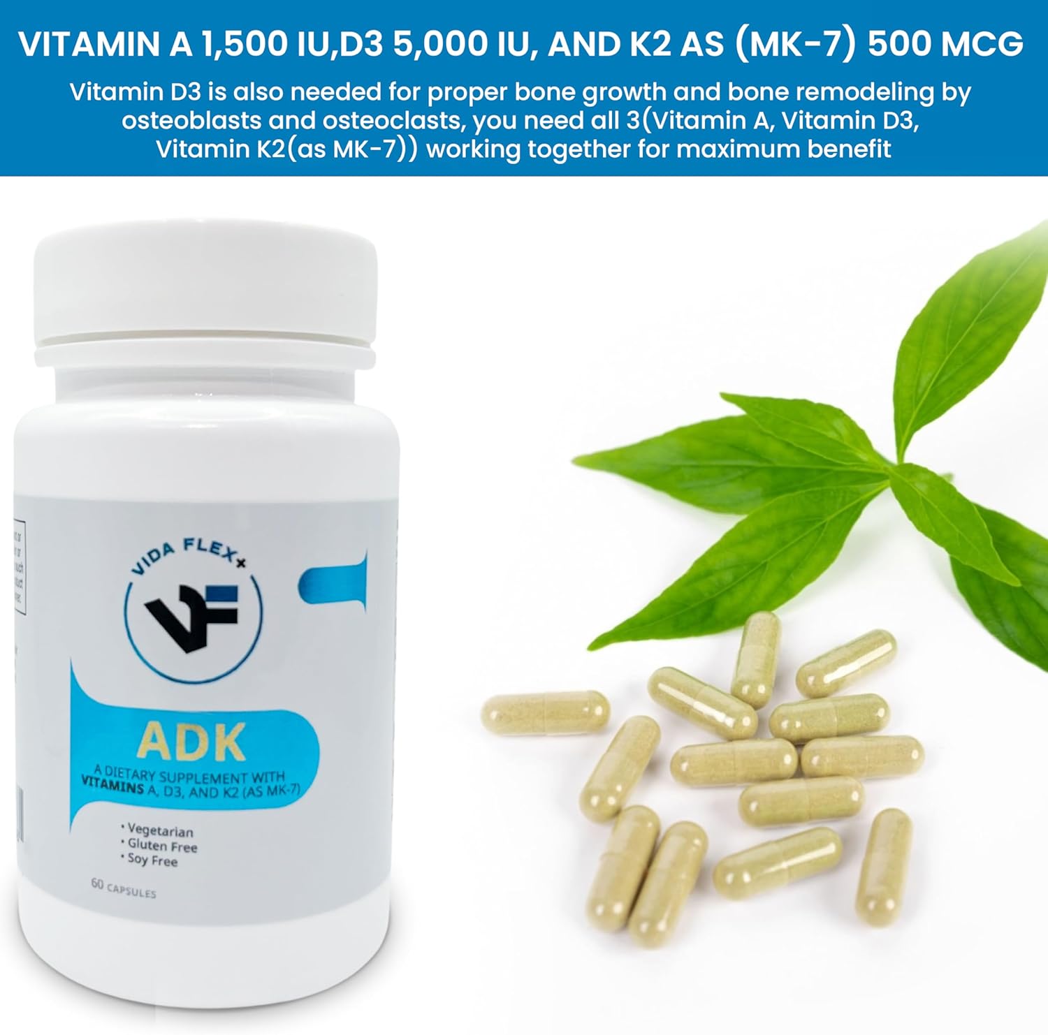 ADK – Suplemento dietético para apoyar la estructura ósea, la salud del corazón y la función inmunológica – con vitamina A, vitamina D3 5,000 UI y