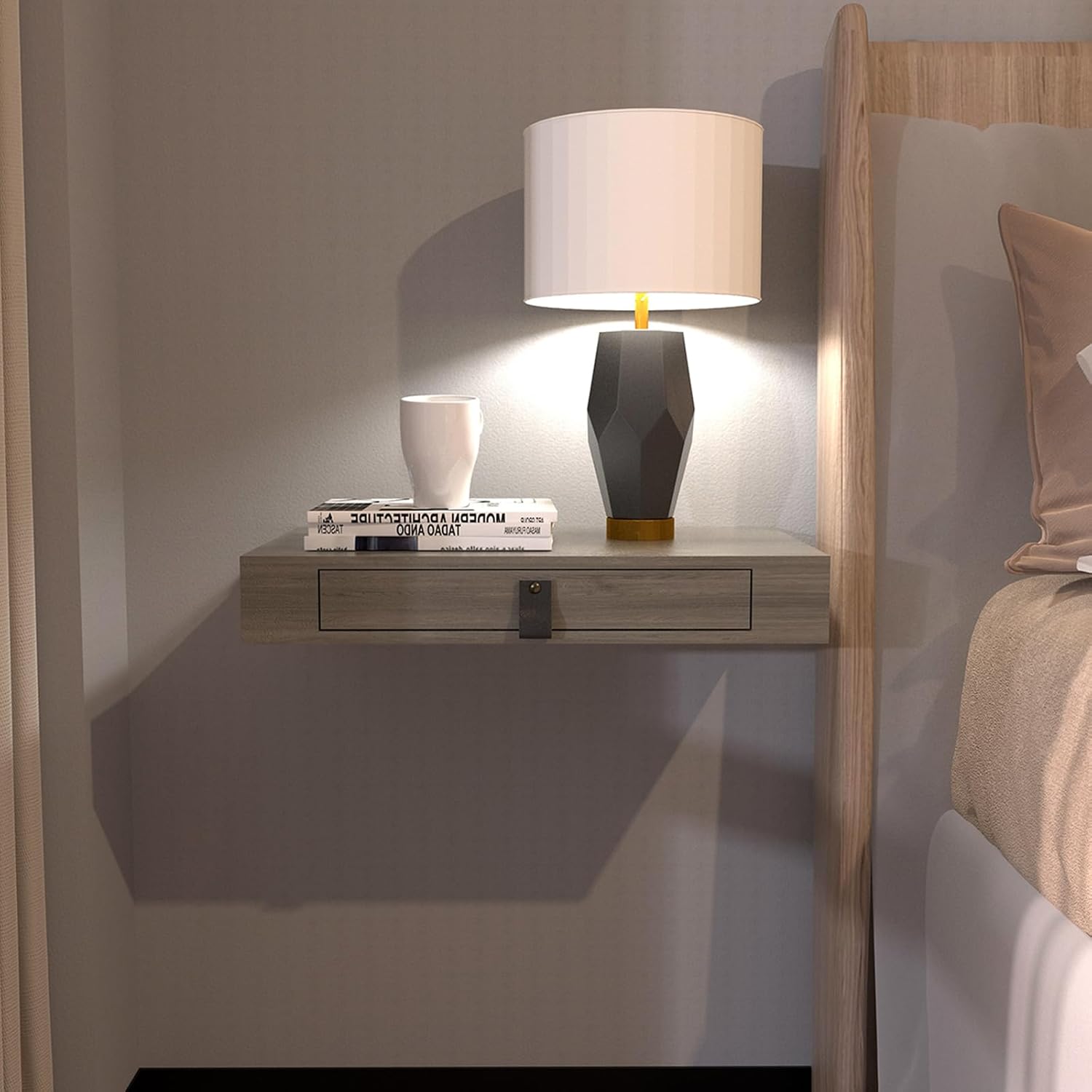 Juego de 2 estantes flotantes con cajón, mesita de noche flotante para dormitorio, estante de pared de 16 pulgadas, estante flotante con