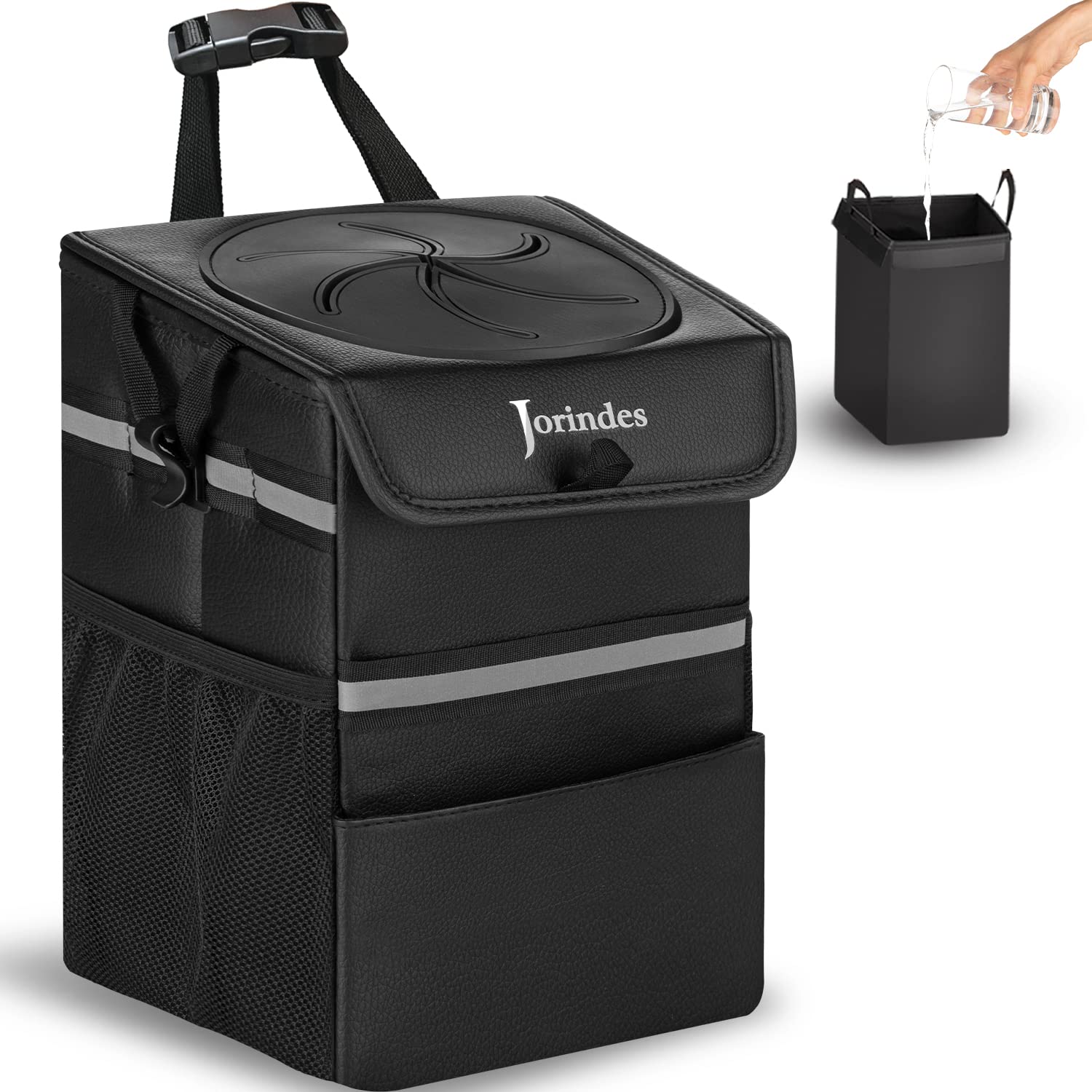 Basurero de automóvil de piel sintética con tapa y forro a prueba de fugas, accesorios de automóvil fáciles de instalar para viajes, bolsa de basura