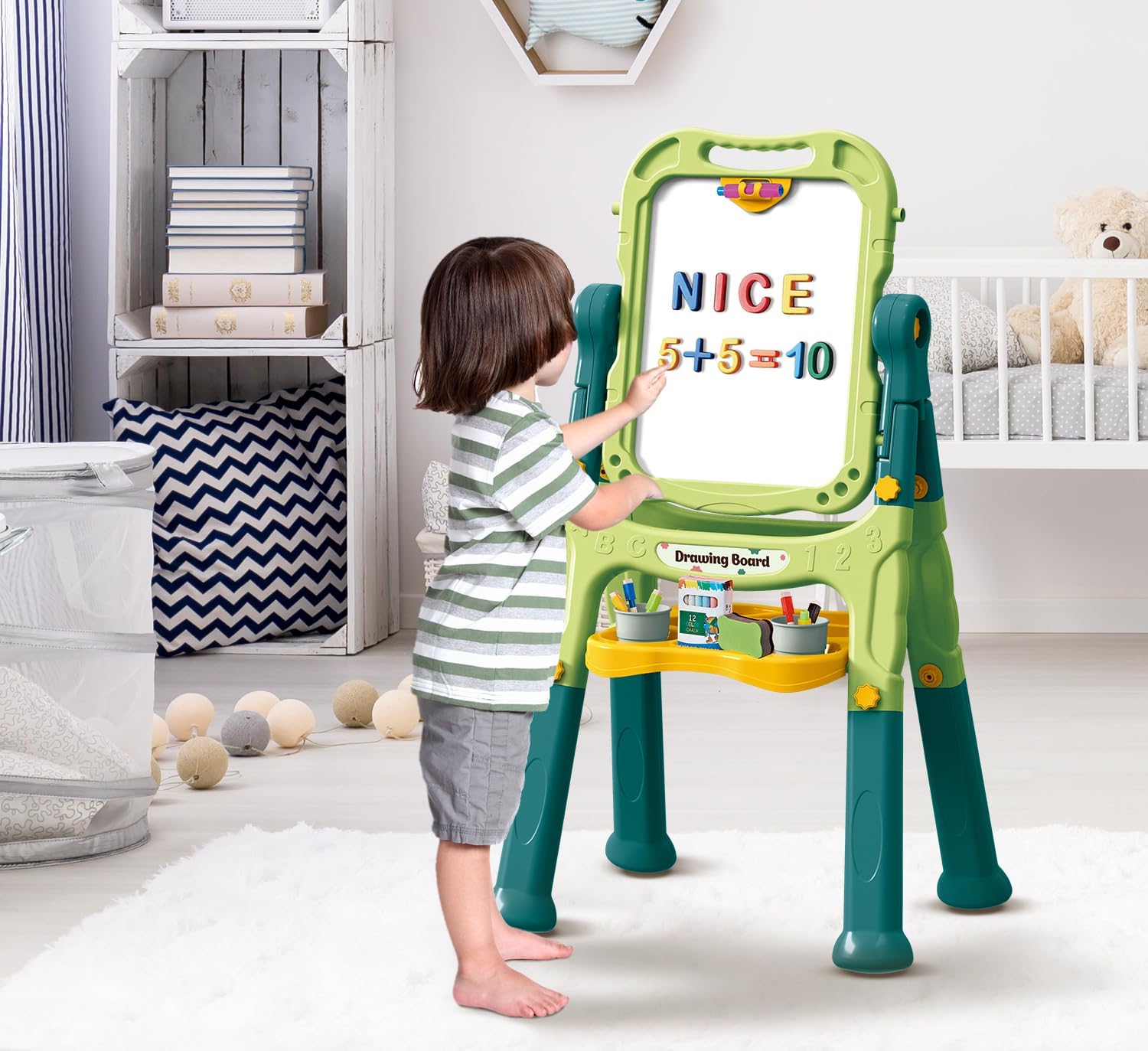 Caballete de arte para niños con tablero de dibujo magnético, caballete de doble cara con letras y números magnéticos, caballete de pie ajustable