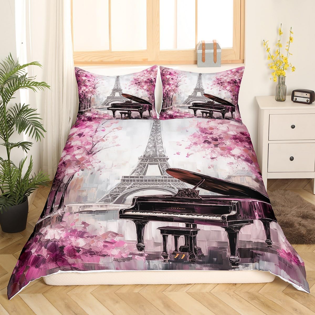 Juego de funda de edredón de la Torre Eiffel tamaño Queen para niñas y adolescentes, juego de ropa de cama con diseño de flores de cerezo rosa,