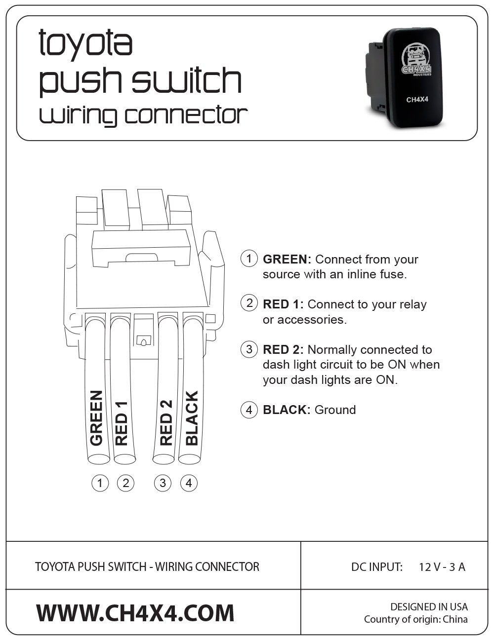 CH4X4 – Interruptor pulsador para Toyota Tacoma, FJ Cruiser, Land Cruiser, Fortuner, Hilux, 4Runner, Prado 12V 3Amp – Símbolo de bloqueo de difusión