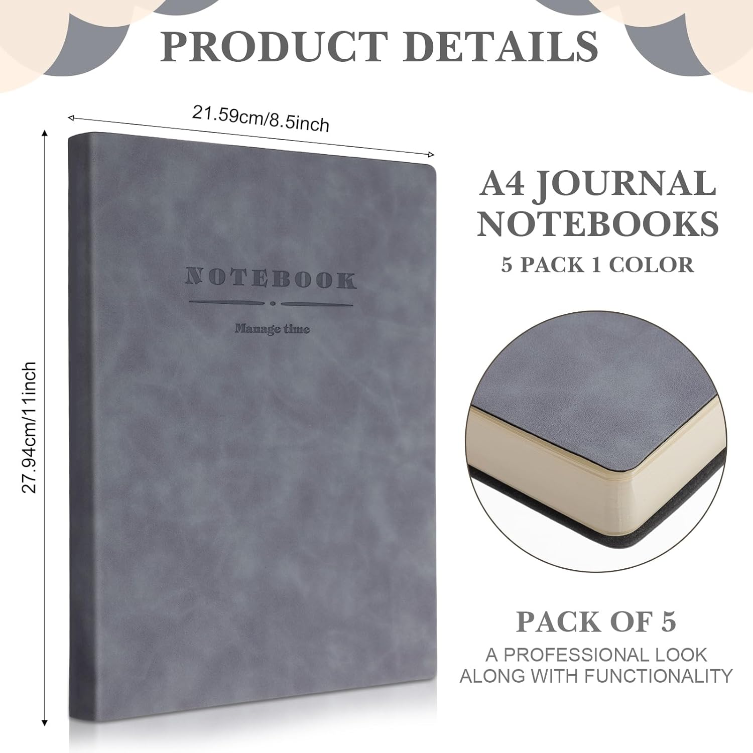 SATINIOR Paquete de 5 cuadernos A4 grandes de 360 páginas de tapa dura de cuero de tapa dura, cuaderno con forro de papel grueso para oficina,