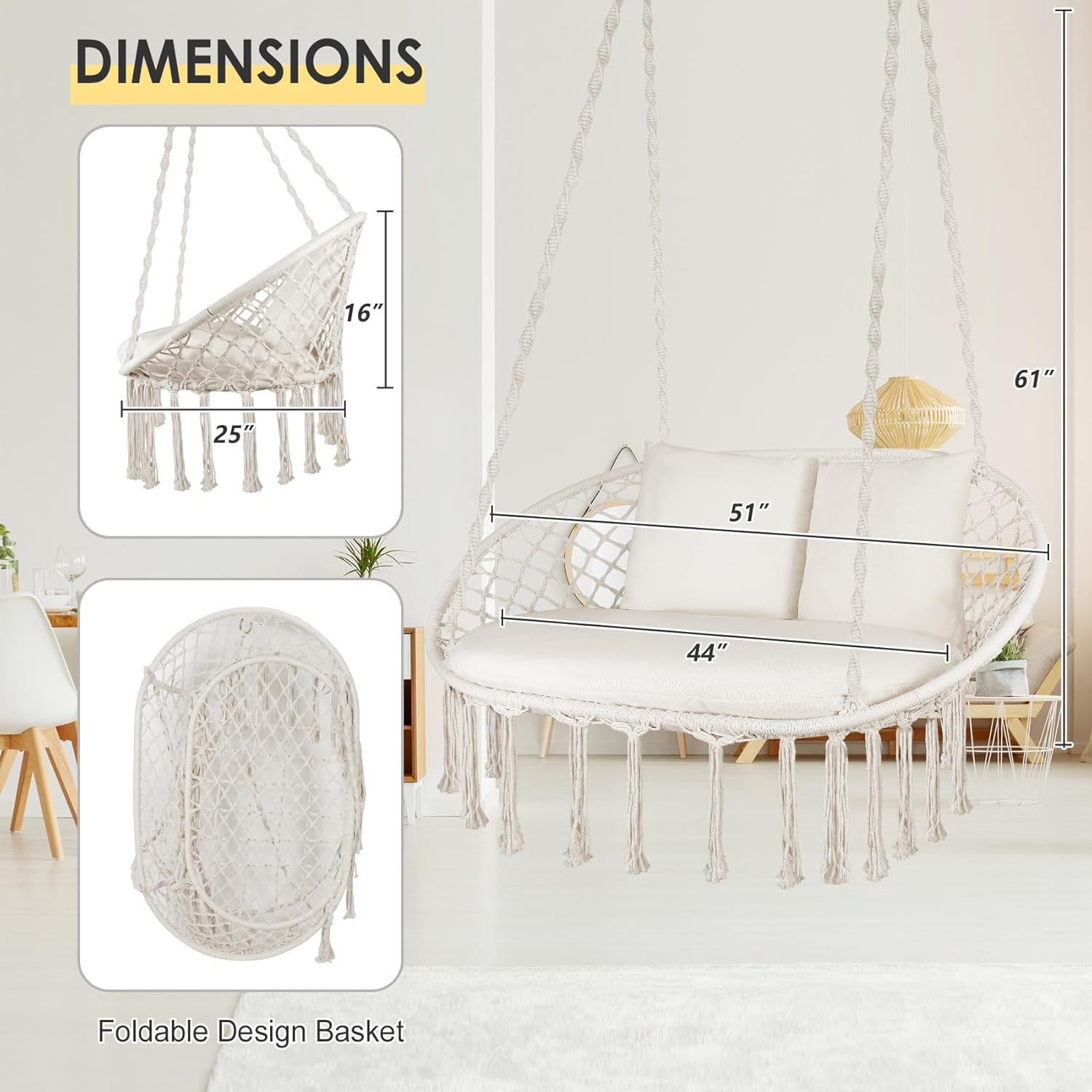 Silla oscilante doble, silla colgante grande de macramé con 3 cojines y accesorios de montaje, silla columpio tejida a mano para dormitorio, patio,