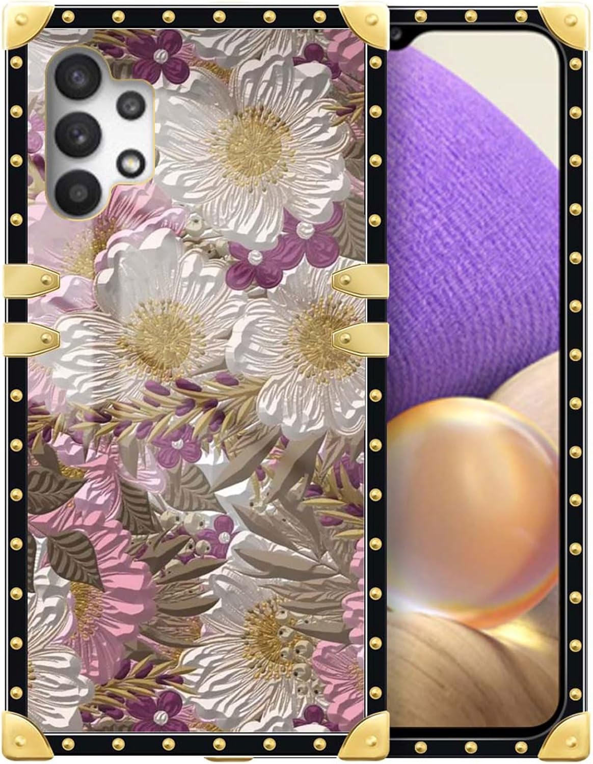 Compatible con Samsung Galaxy A32 5G Pintura al óleo Flores Artísticas Funda de Teléfono Cuadrado Dorado Suave TPU A Prueba de Golpes y Caídas