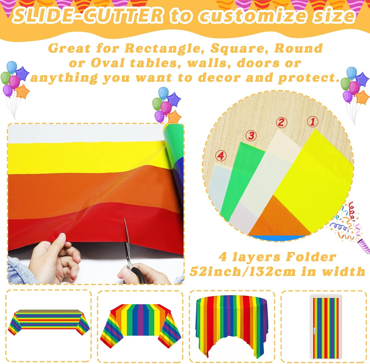 Rollo de mantel arcoíris de 52 pulgadas x 100 pies, suministros para fiesta de cumpleaños, suministros para fiesta de arcoíris, cubierta de mesa
