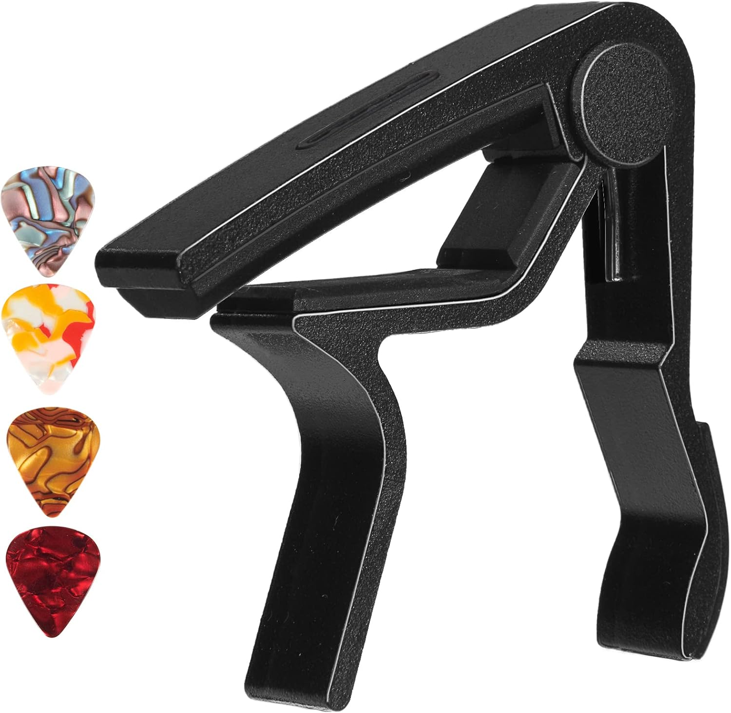 Cejilla de guitarra con soporte para púas para guitarra acústica y eléctrica, ukelele, bajo, banjo con púas de guitarra (negro)