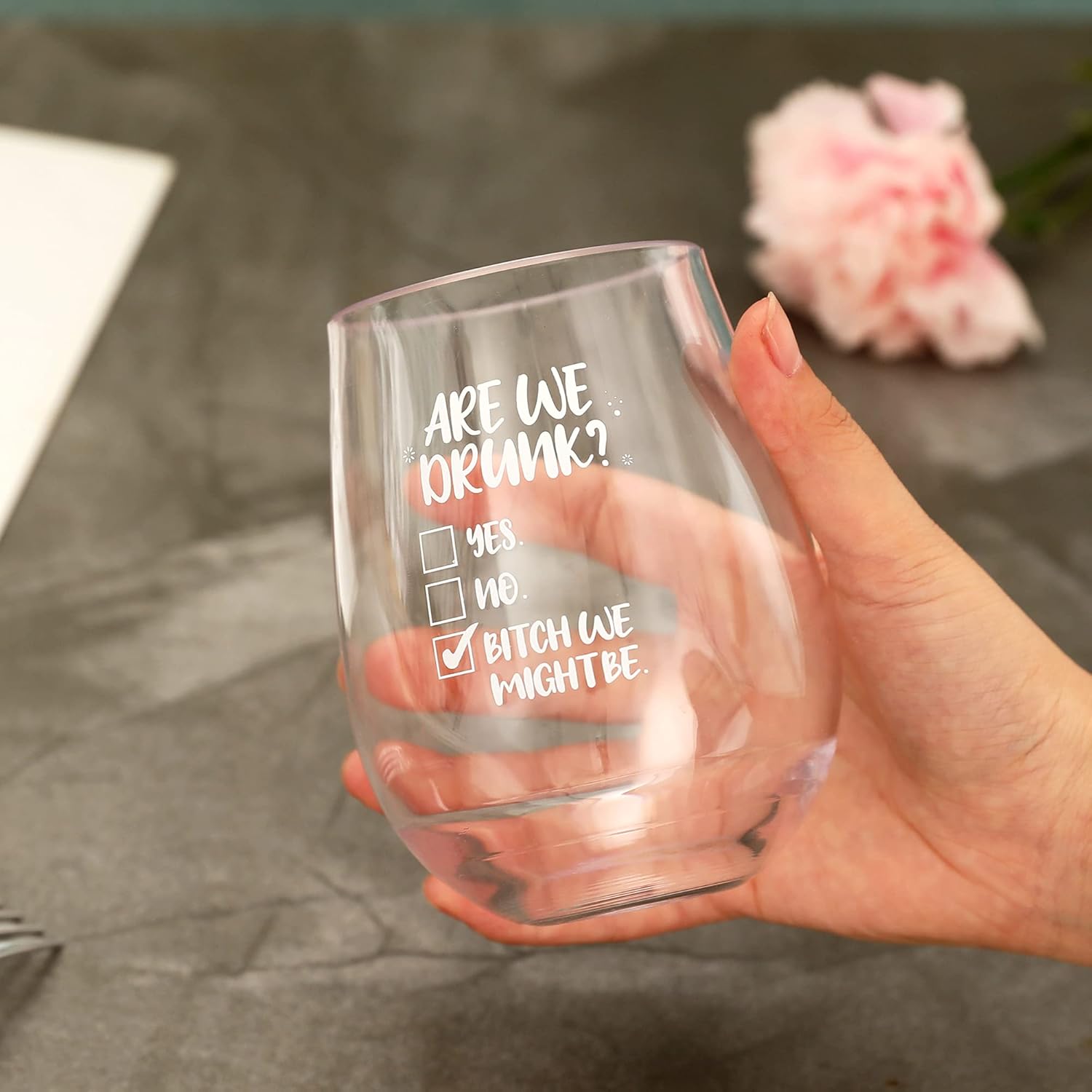 Are We Drunk We Might Be Unbreakable Copa de vino para despedida de soltera, regalos de cumpleaños de taza transparente, regalos divertidos para