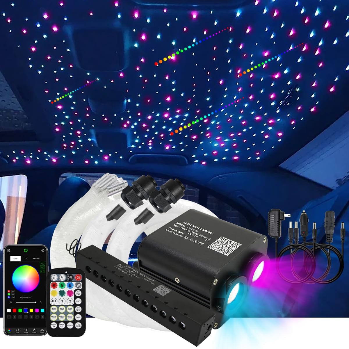 AKEPO 20W RGBW Twinkle Dual-Head Diferentes Color APP Luces de fibra óptica, kit de luz de meteorito colorido+900pcs 0.03in 9.8ft Fibra óptica Star