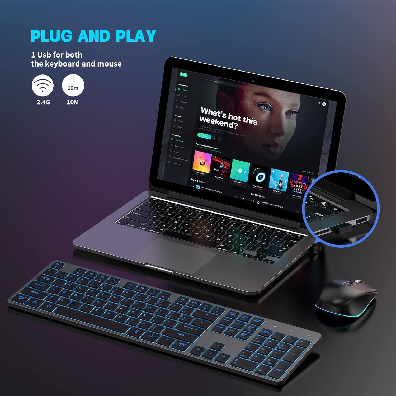 Teclado y mouse inalámbricos, combo de teclado inalámbrico recargable, Jiggle Mouse delgado, tamaño completo, silencioso, 7 colores, retroiluminado,