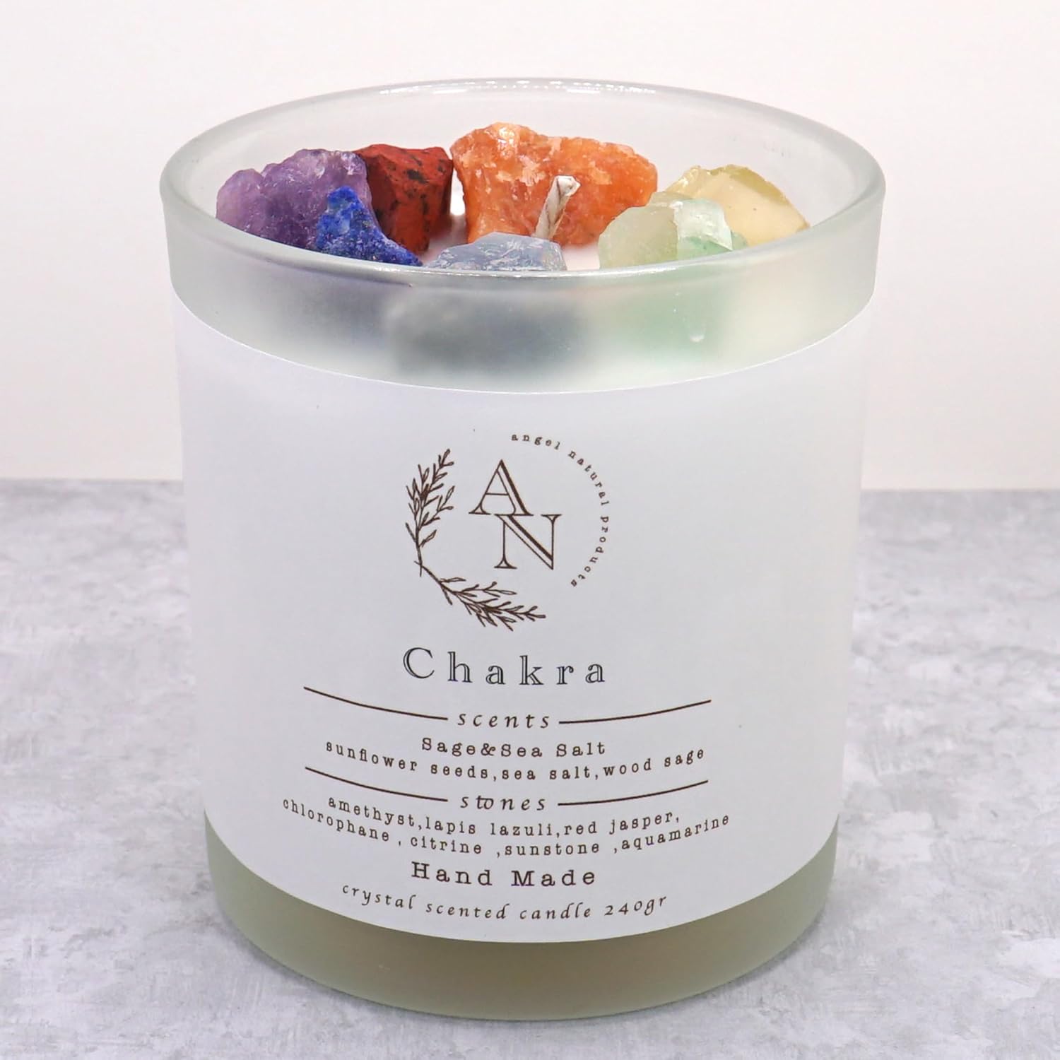 Velas de cristal curativo con 7 piedras de chakra, aroma a salvia y sal marina, vela de soja para meditación, manifestación y ritual, vela de regalo