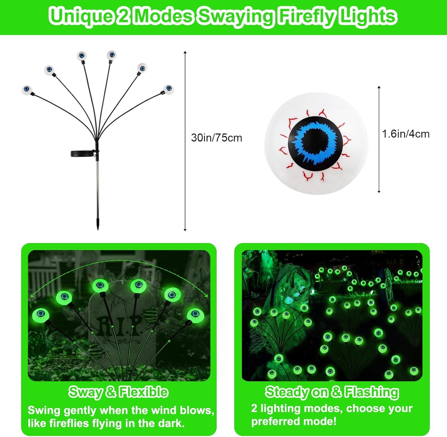 Luces solares de globo ocular para decoración de Halloween, paquete de 2 luces LED de luciérnaga con estacas, luces solares impermeables y