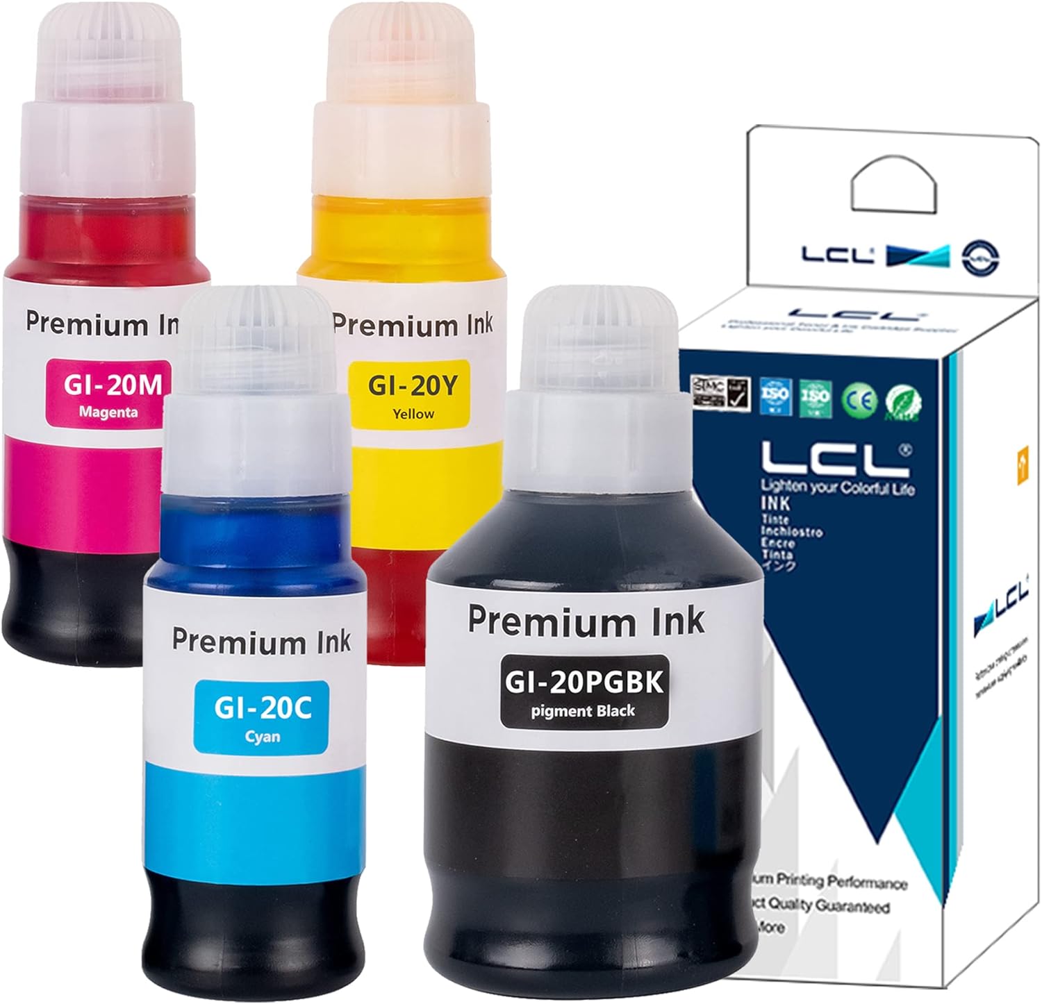 LCL Botella de tinta de repuesto compatible para Canon GI20 GI-20 GI-20PGBK GI-20BK GI-20C GI-20M GI-20Y PIXMA G5020 G6020 G7020 (paquete de 4