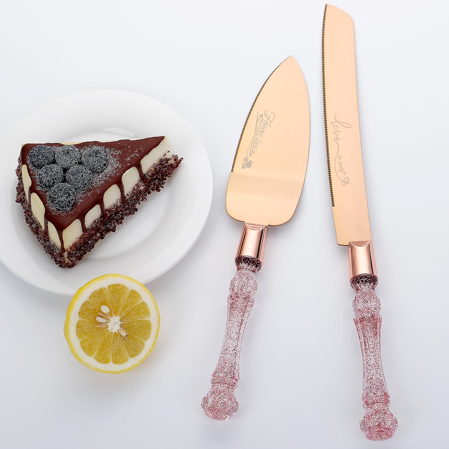 Juego de cuchillos y servidores para tartas de boda, juego de corte de pastel para boda, juego de cortador de pastel de oro rosa para pasteles de