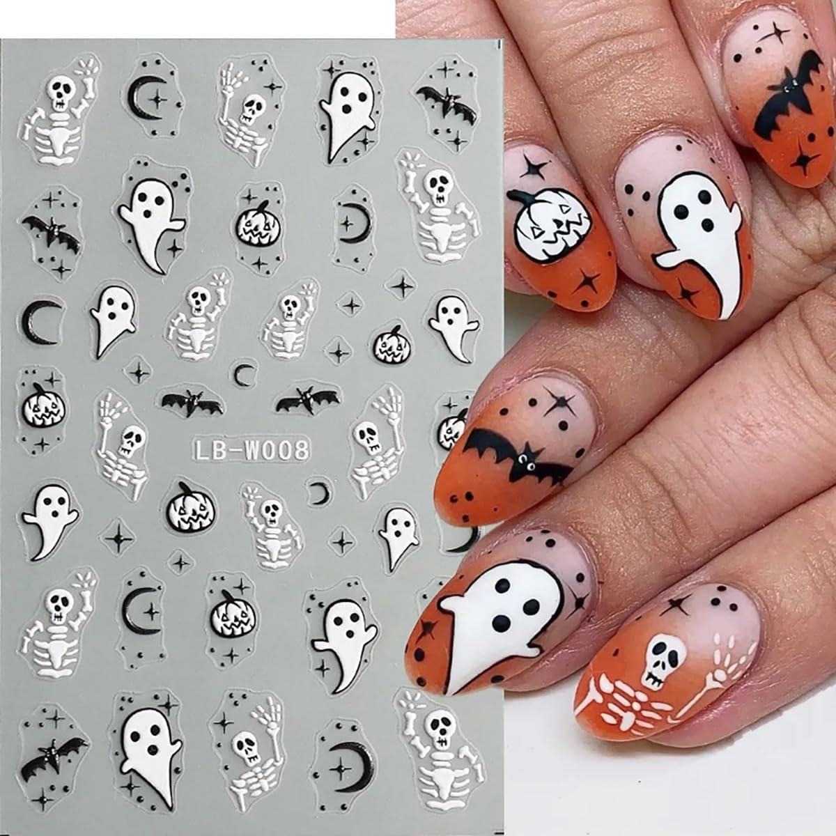 8 hojas de calcomanías de arte de uñas de Halloween, lindas calcomanías de fantasma, calabaza, calavera, gato, espeluznante, diseño de calavera