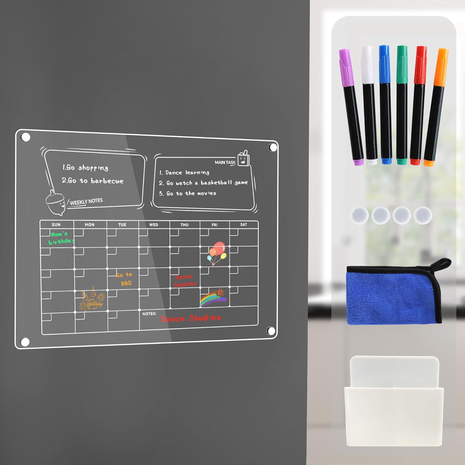 Calendario magnético acrílico de borrado en seco para refrigerador, pizarra magnética reutilizable de planificación semanal y mensual, incluye 6