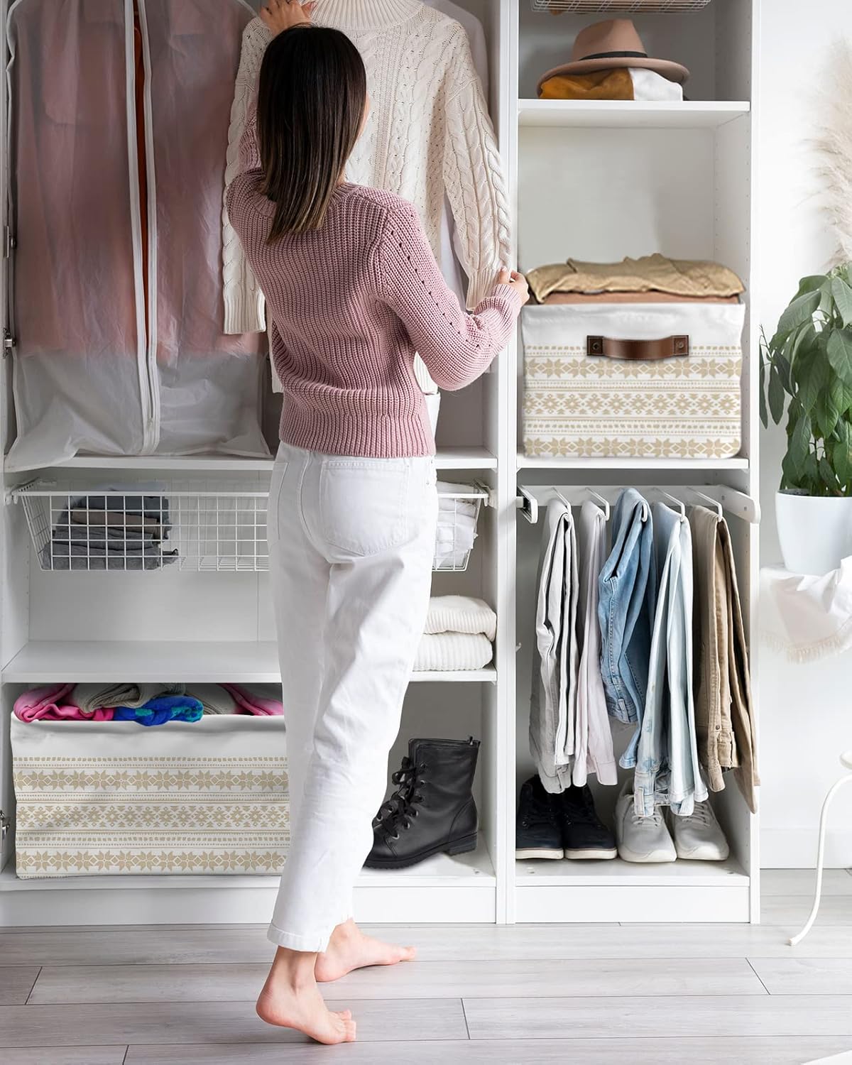Cesta de almacenamiento bohemia beige para organizar estantes, cajas de almacenamiento plegables con asa, cesta de lona de arte abstracto geométrico